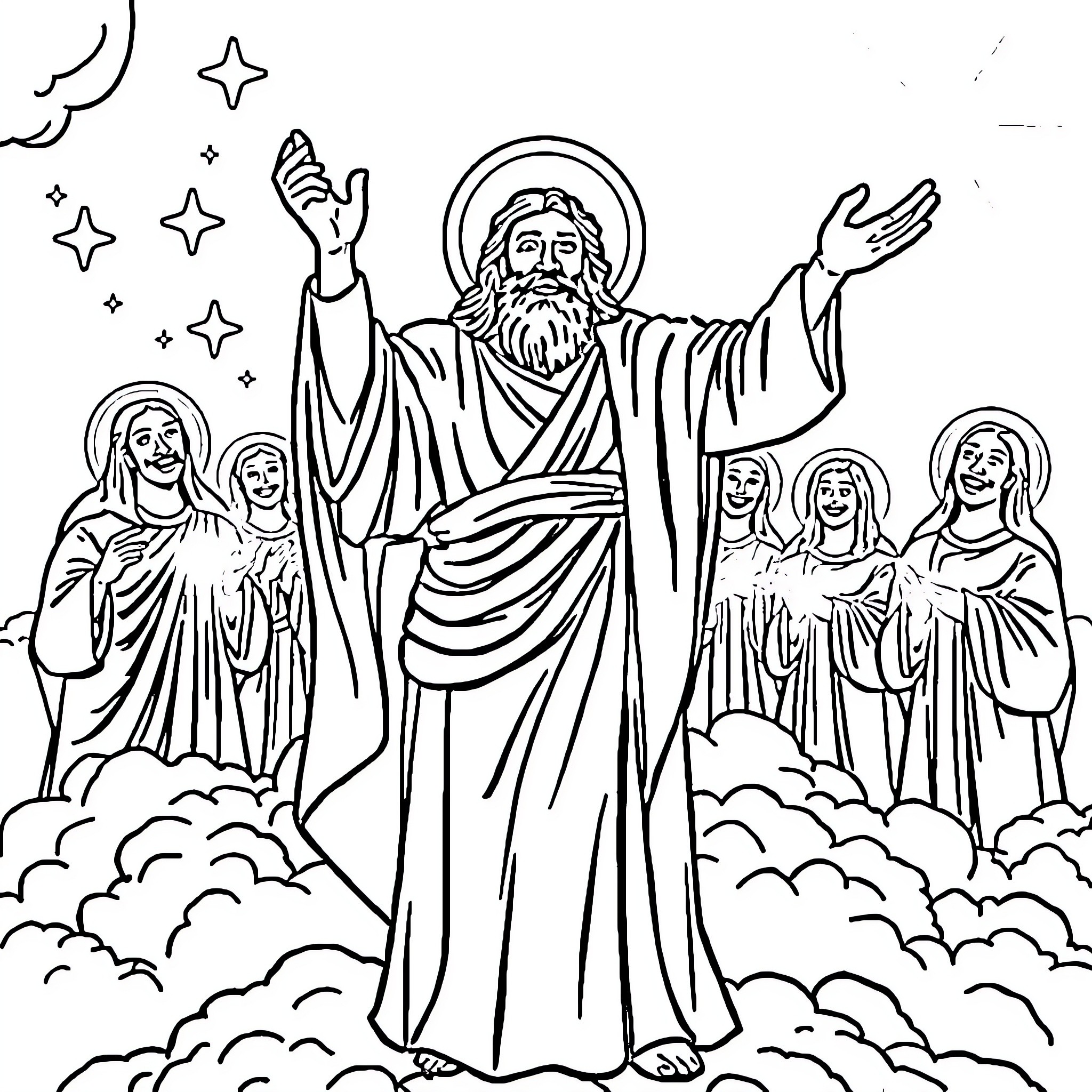 Saint Lazarus preaching to the faithful in the heavens Coloring Page (free black-and-white line drawing printable PDF for all, from beginners to advanced learners, including children, teens, adults, and seniors)