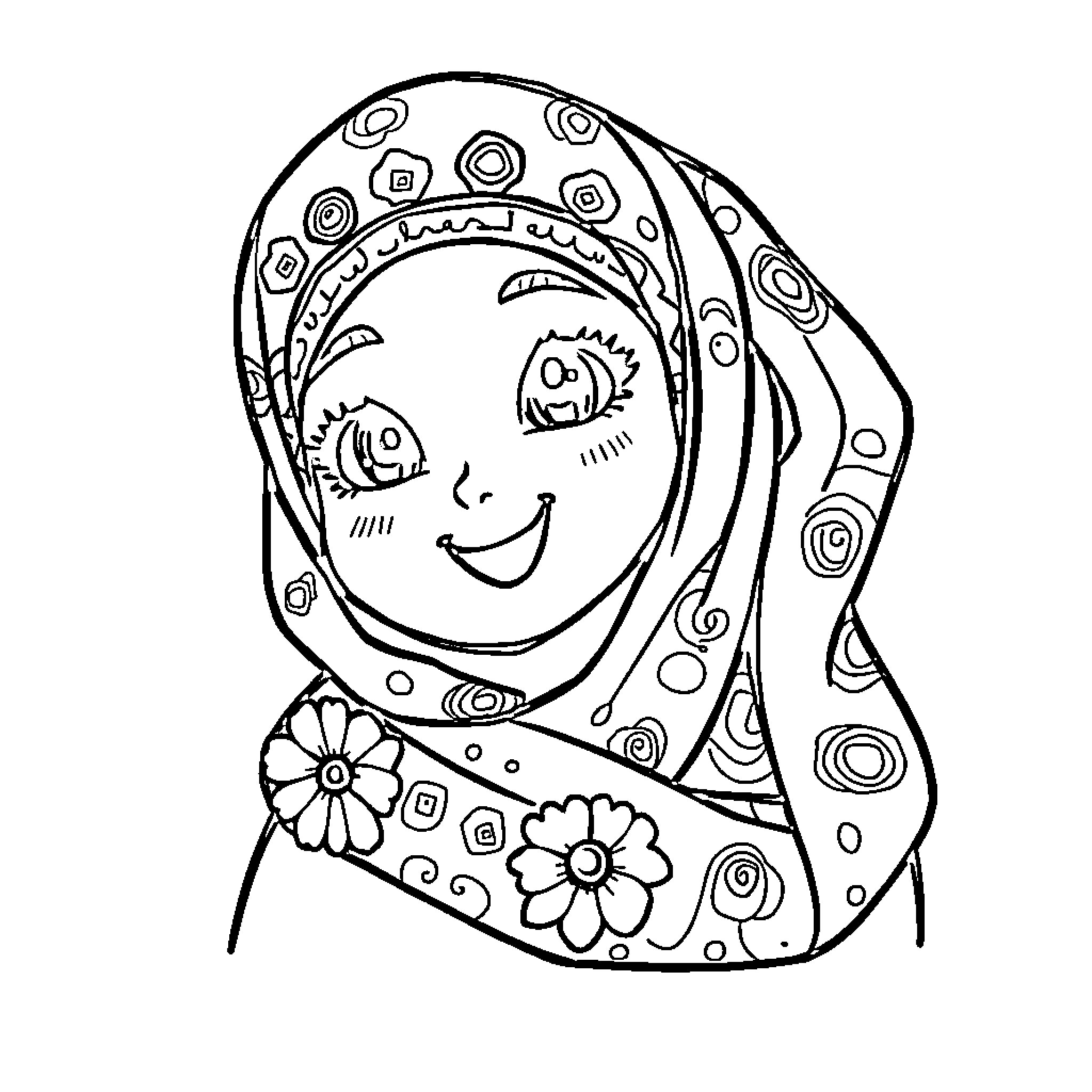 Hijab adorned with floral patterns and designs Coloring Page (free black-and-white line drawing printable PDF for all, from beginners to advanced learners, including children, teens, adults, and seniors)
