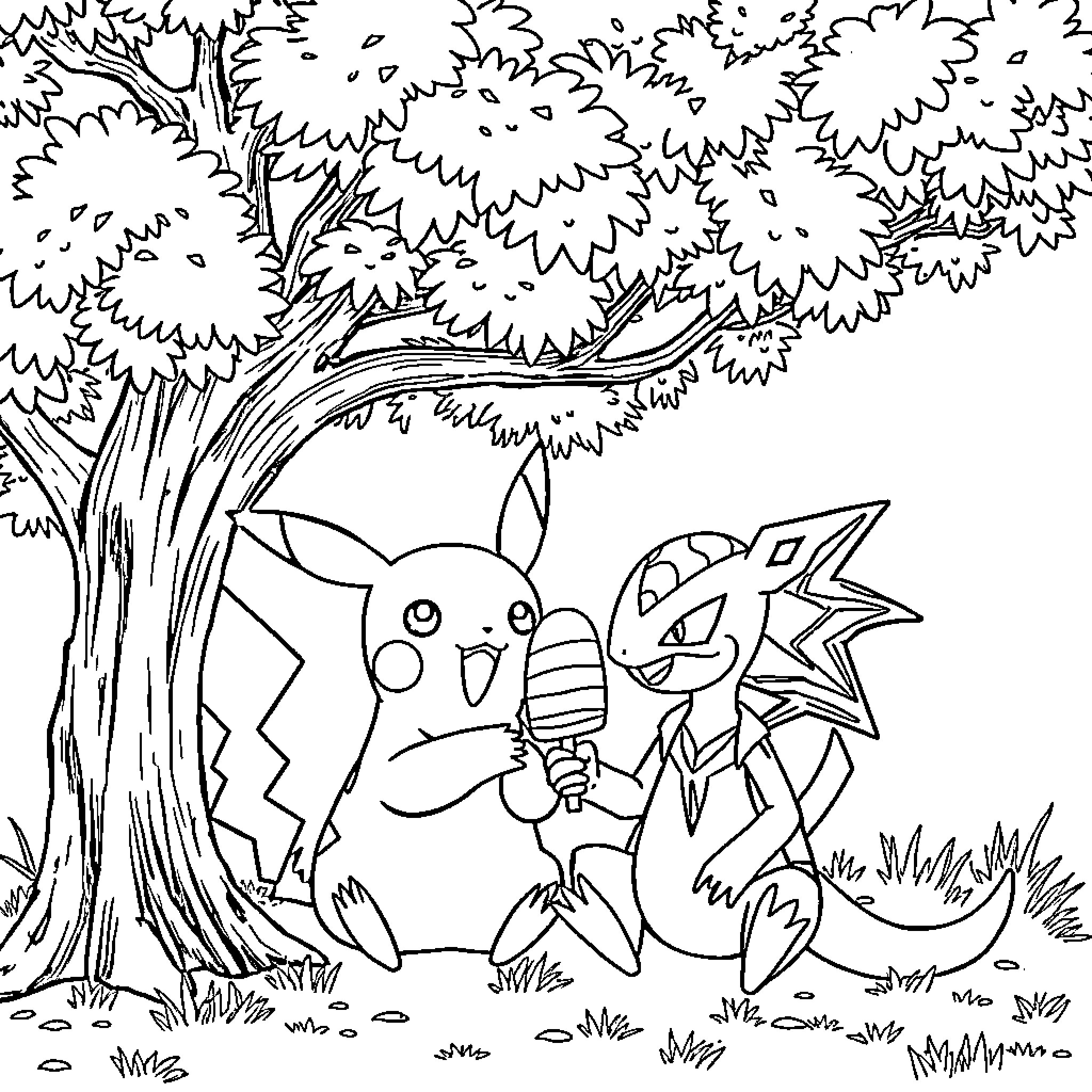 Pikachu enjoying an icy treat with Sonic Coloring Page (free black-and-white line drawing printable PDF for all, from beginners to advanced learners, including children, teens, adults, and seniors)