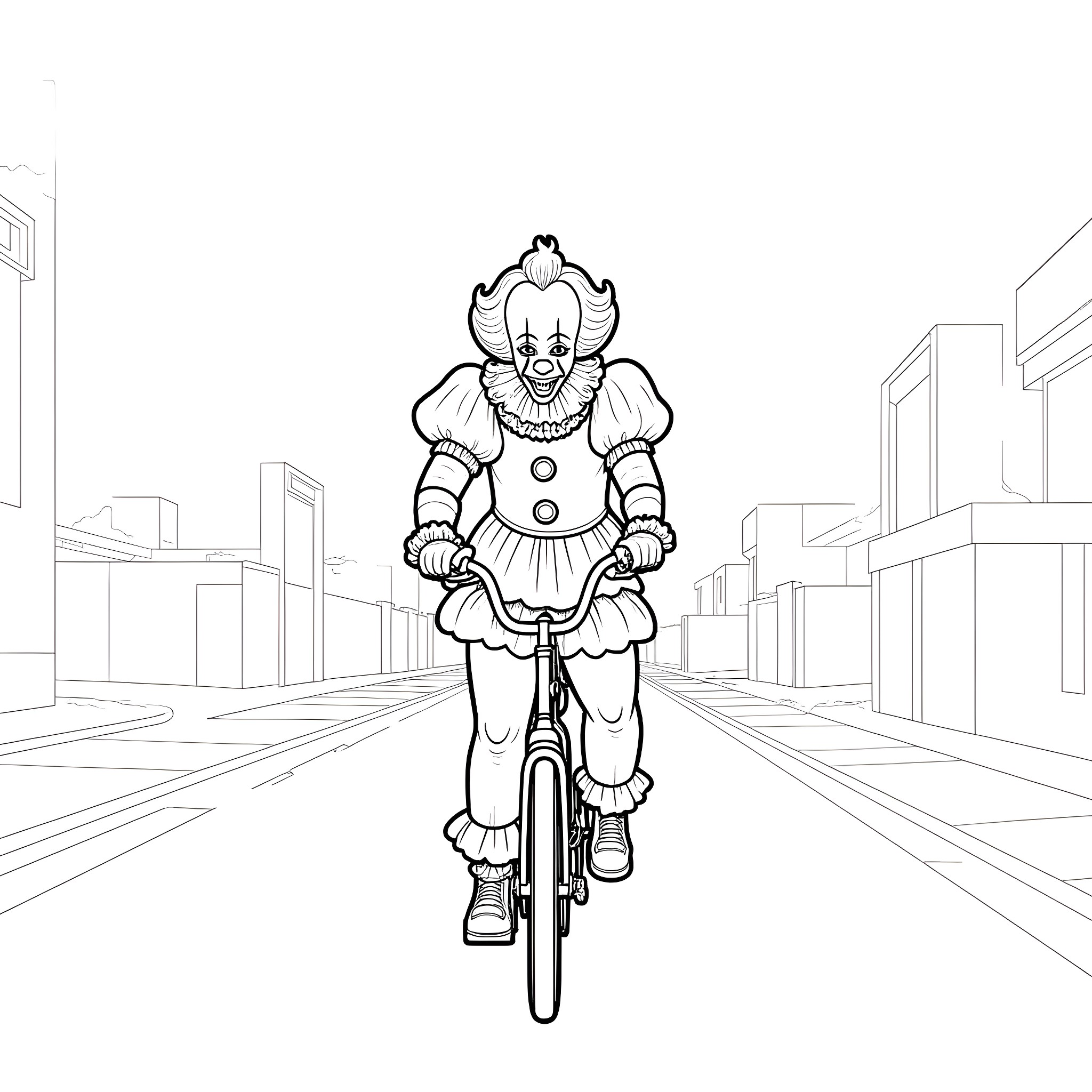 Pennywise the Clown riding a bicycle through the city Coloring Page (free black-and-white line drawing printable PDF for all, from beginners to advanced learners, including children, teens, adults, and seniors)