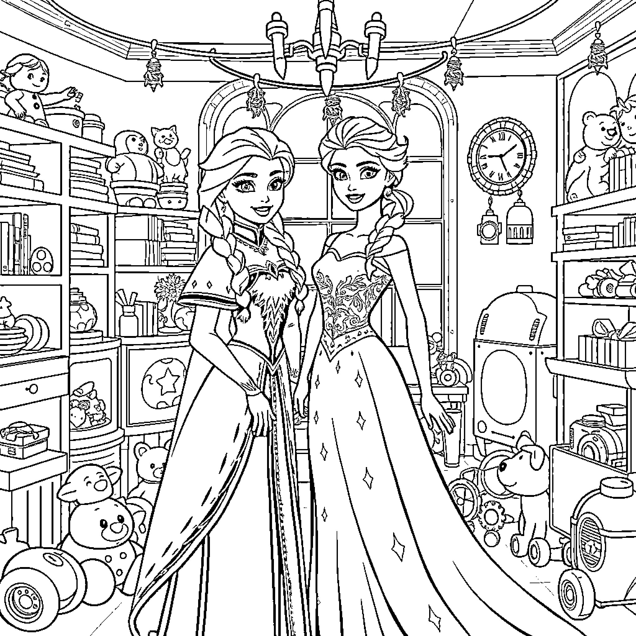 Elsa and Anna in a Cozy Winter Wonderland Coloring Page (free black-and-white line drawing printable PDF for all, from beginners to advanced learners, including children, teens, adults, and seniors)