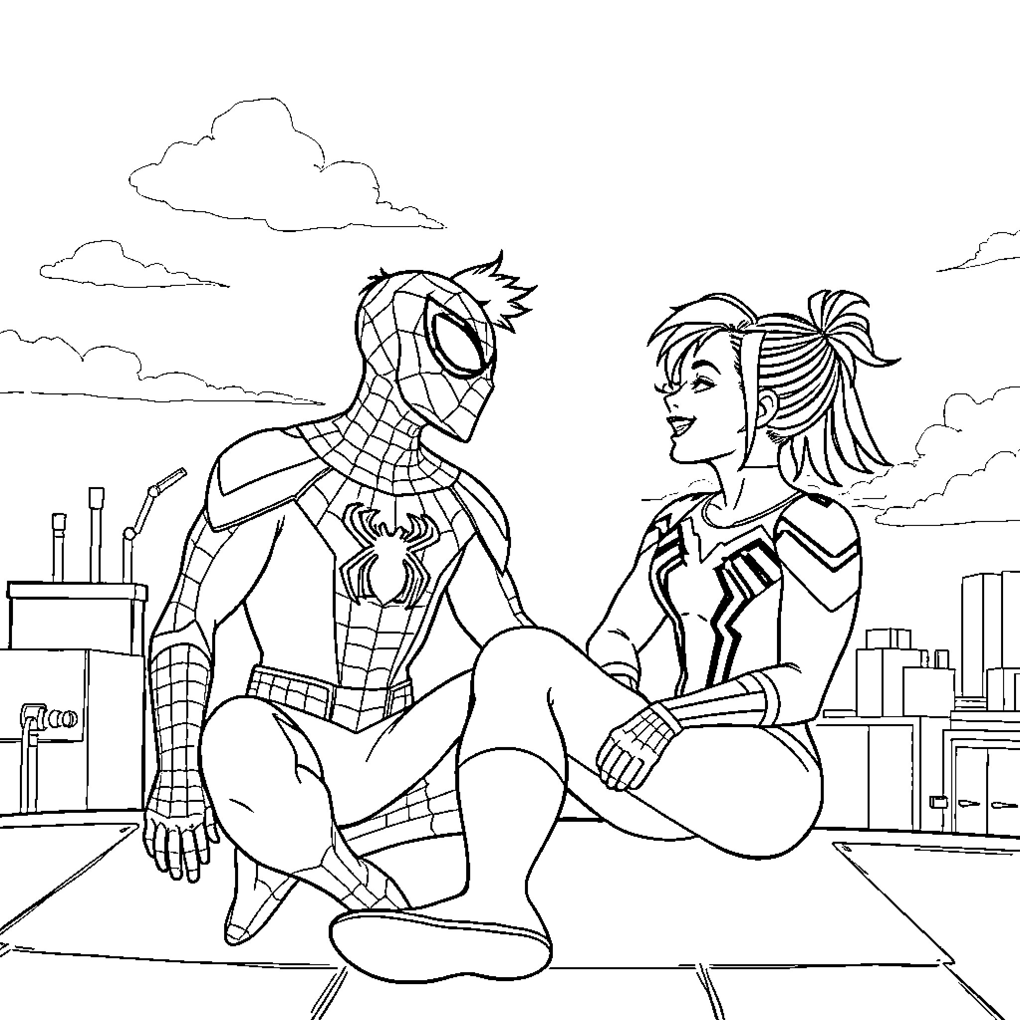 Spiderman and Spiderwoman in action Coloring Page (free black-and-white line drawing printable PDF for all, from beginners to advanced learners, including children, teens, adults, and seniors)