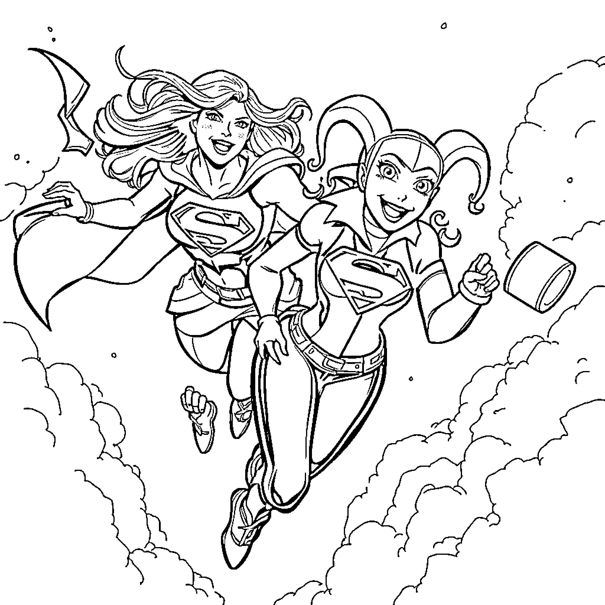 Supergirl and Harley Quinn in action-packed adventure Coloring Page (free black-and-white line drawing printable PDF for all, from beginners to advanced learners, including children, teens, adults, and seniors)
