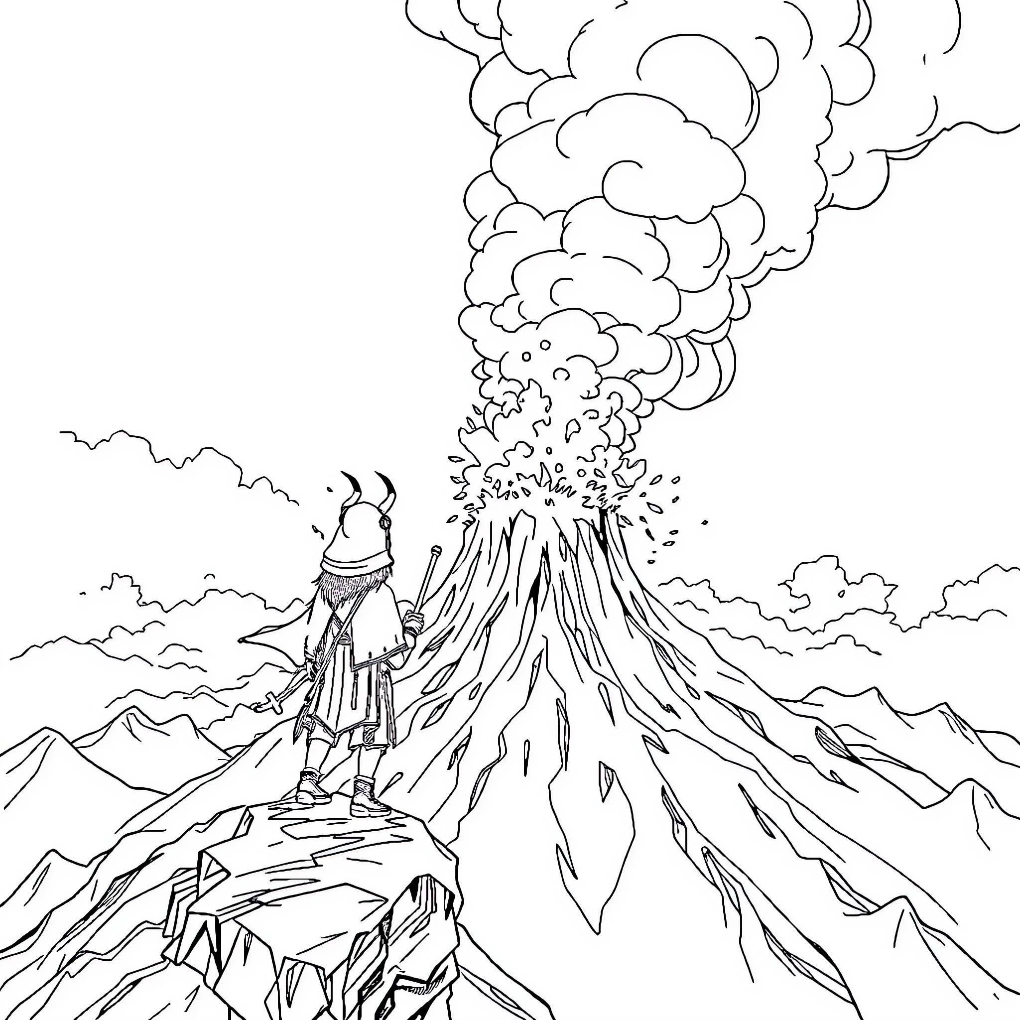 Kpop Demon Hunter facing erupting volcano Coloring Page (free black-and-white line drawing printable PDF for all, from beginners to advanced learners, including children, teens, adults, and seniors)