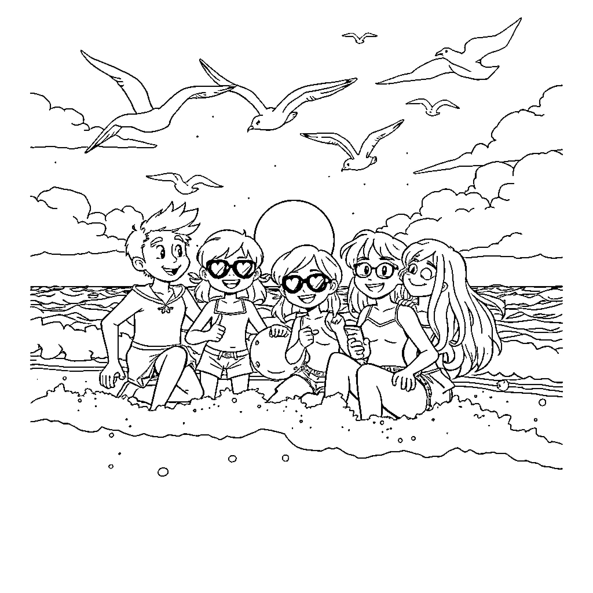 Fourth Wing Friends Frolic on the Beach Coloring Page (free black-and-white line drawing printable PDF for all, from beginners to advanced learners, including children, teens, adults, and seniors)
