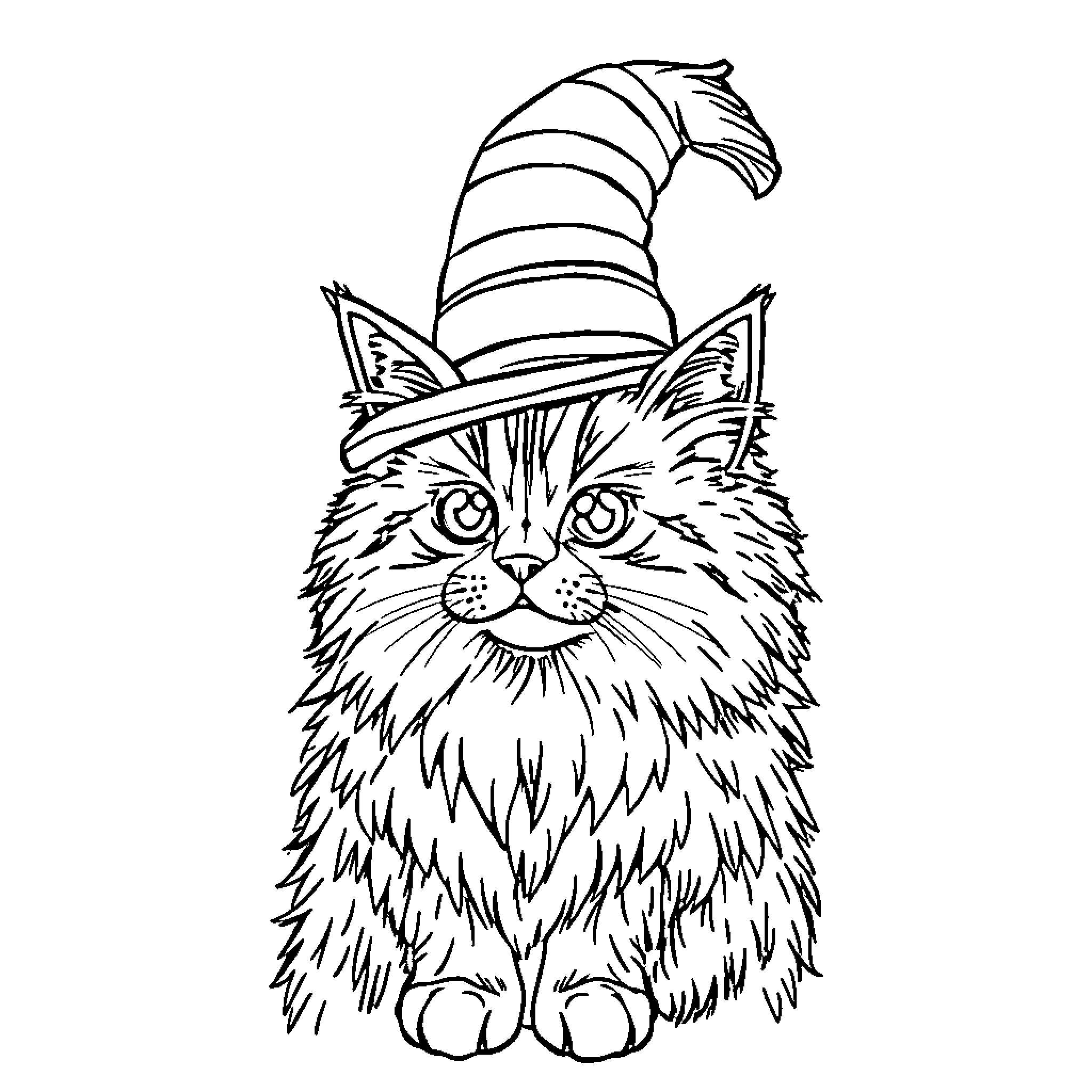 Cat wearing a whimsical striped hat Coloring Page (free black-and-white line drawing printable PDF for all, from beginners to advanced learners, including children, teens, adults, and seniors)