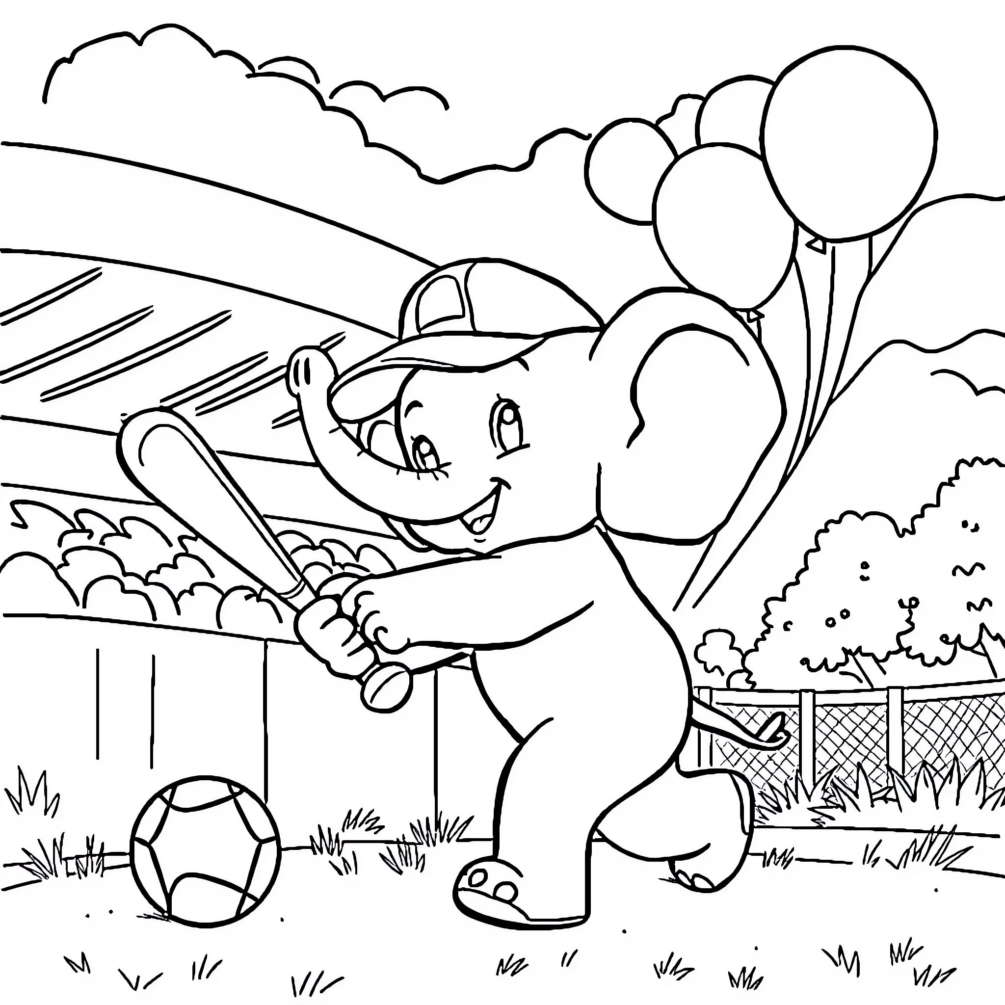 Elephant playing with toys in the park Coloring Page (free black-and-white line drawing printable PDF for all, from beginners to advanced learners, including children, teens, adults, and seniors)
