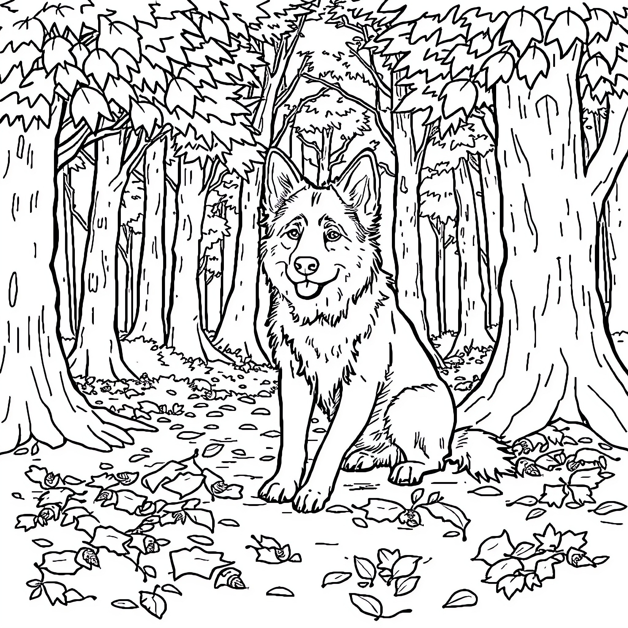 Dog Print Sitting in Lush Forest Scenery Coloring Page (free black-and-white line drawing printable PDF for all, from beginners to advanced learners, including children, teens, adults, and seniors)