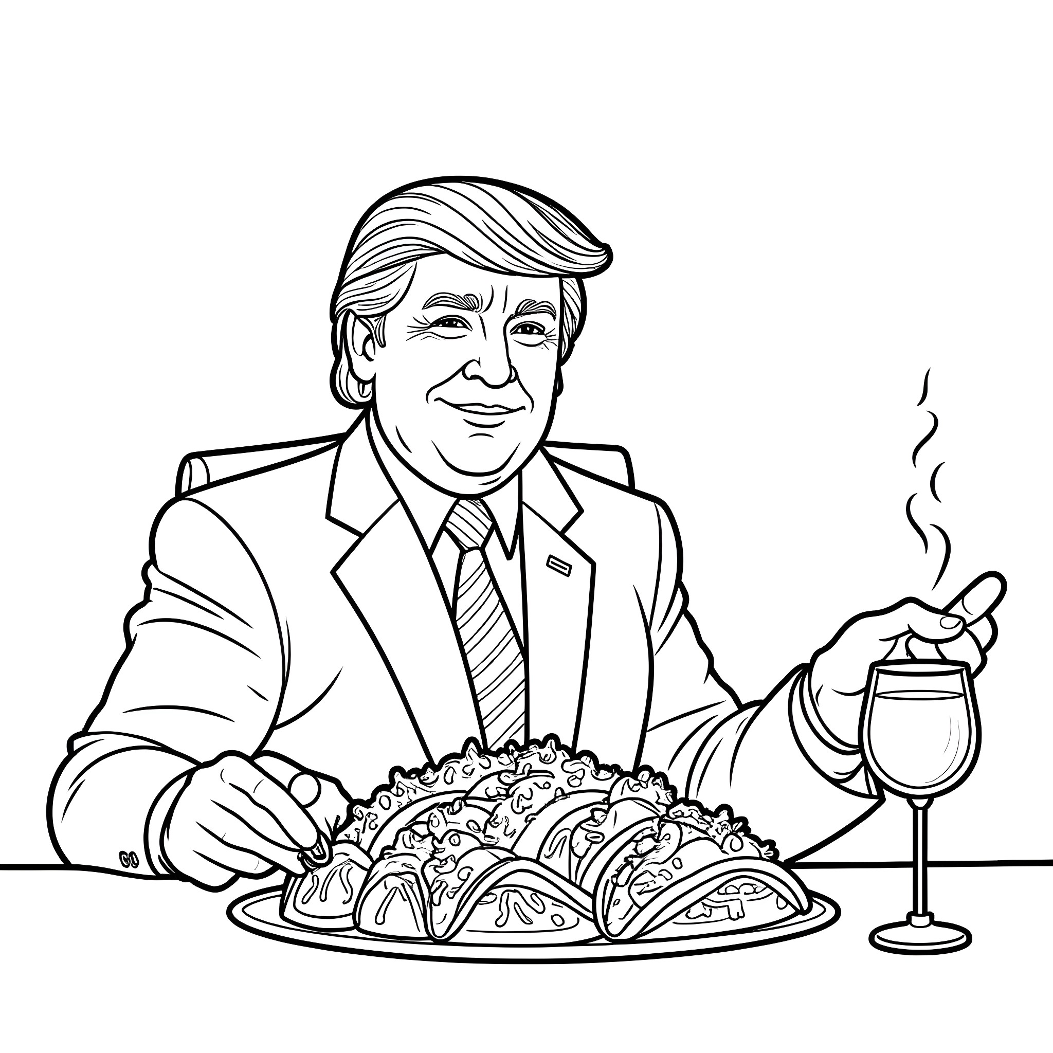 Donald Trump enjoying a meal and glass of wine Coloring Page (free black-and-white line drawing printable PDF for all, from beginners to advanced learners, including children, teens, adults, and seniors)