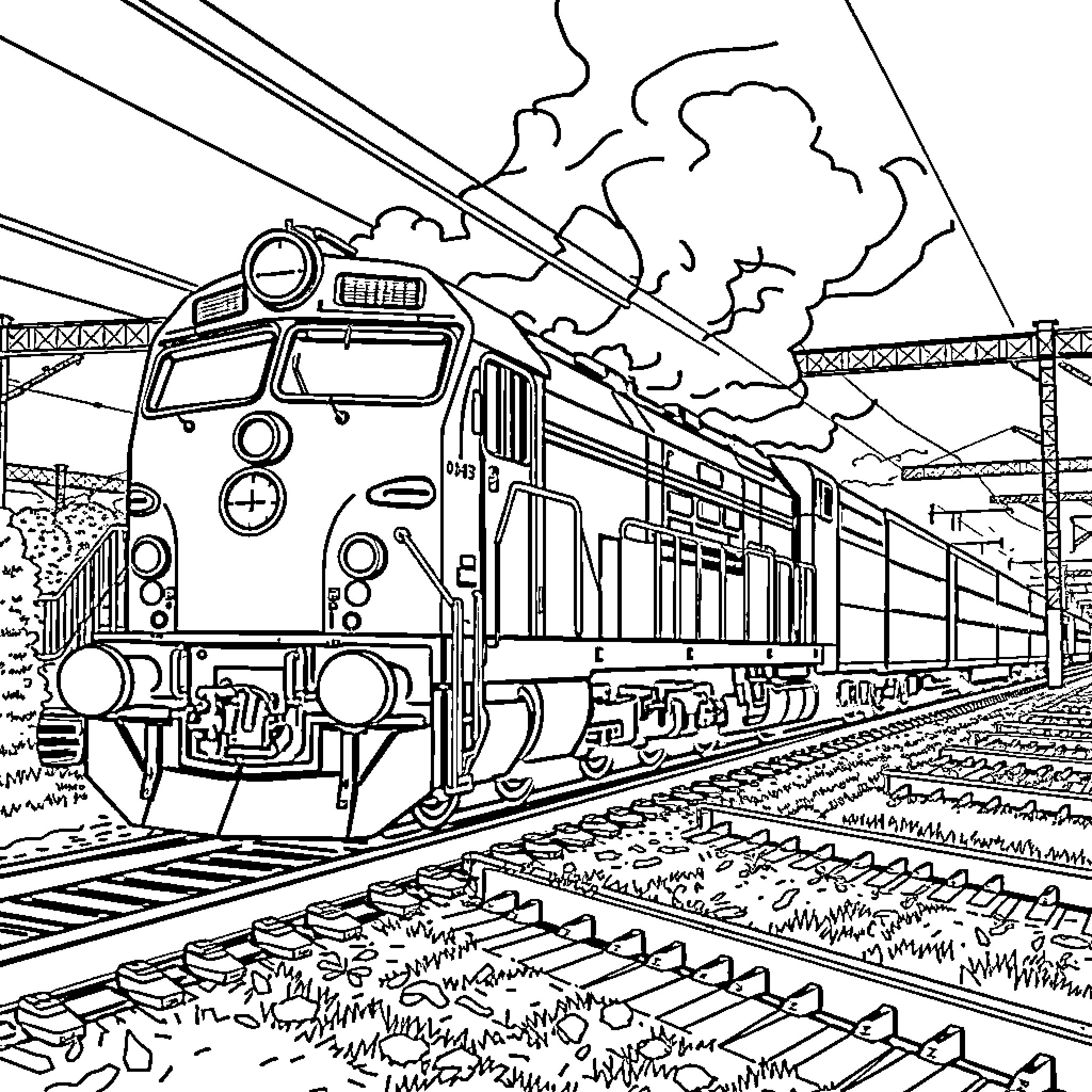 Train Speeding Through Tracks with Smoke Billowing Coloring Page (free black-and-white line drawing printable PDF for all, from beginners to advanced learners, including children, teens, adults, and seniors)