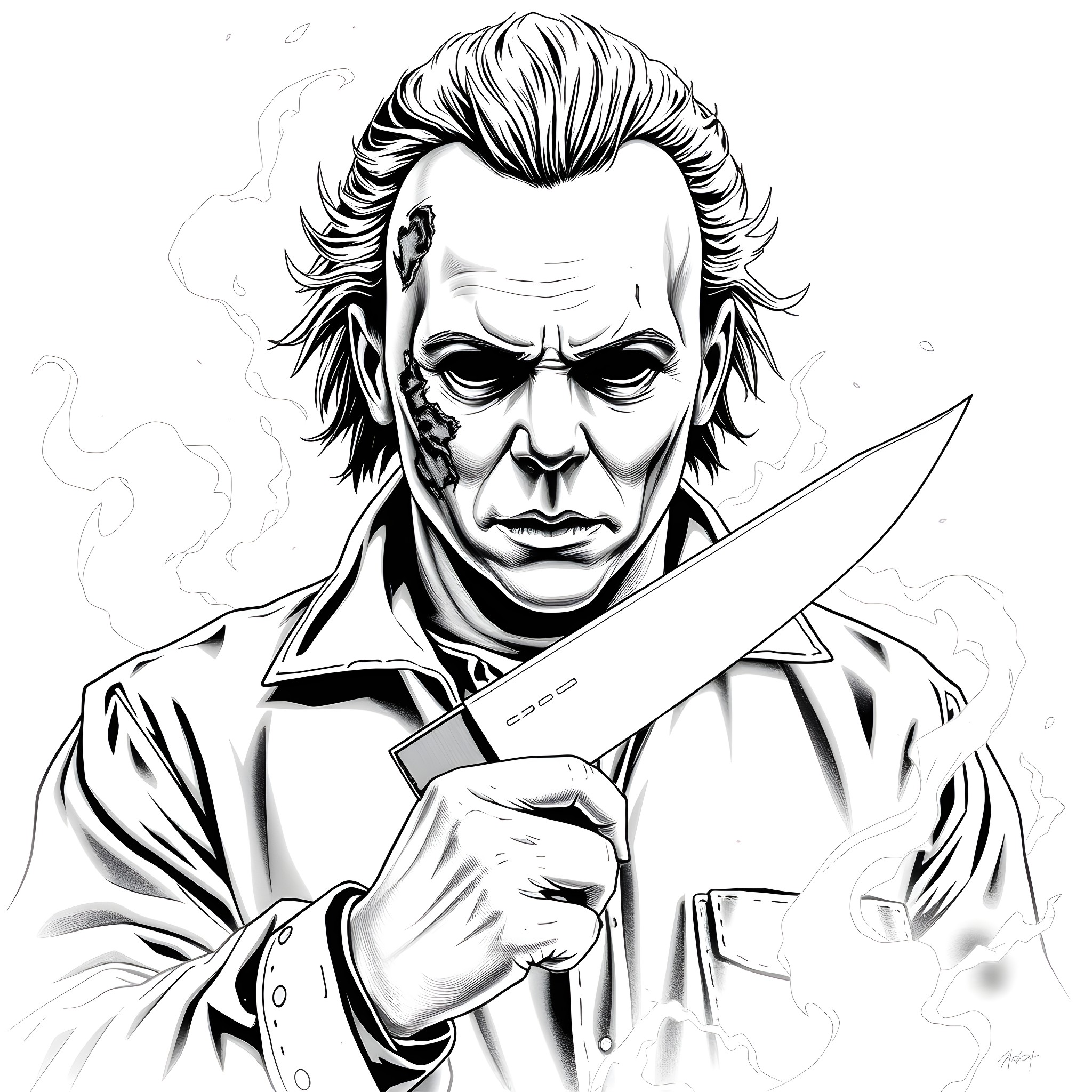 Michael Myers, the Sinister Stalker Wielding a Knife Coloring Page (free black-and-white line drawing printable PDF for all, from beginners to advanced learners, including children, teens, adults, and seniors)