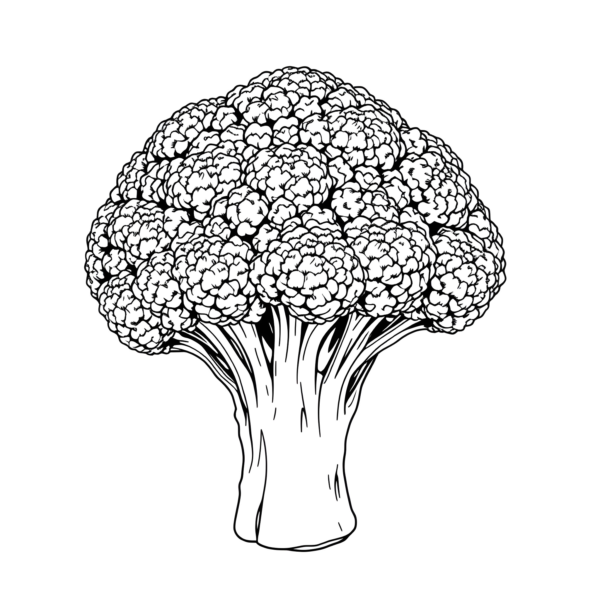 Broccoli bunch in black and white illustration Coloring Page (free black-and-white line drawing printable PDF for all, from beginners to advanced learners, including children, teens, adults, and seniors)