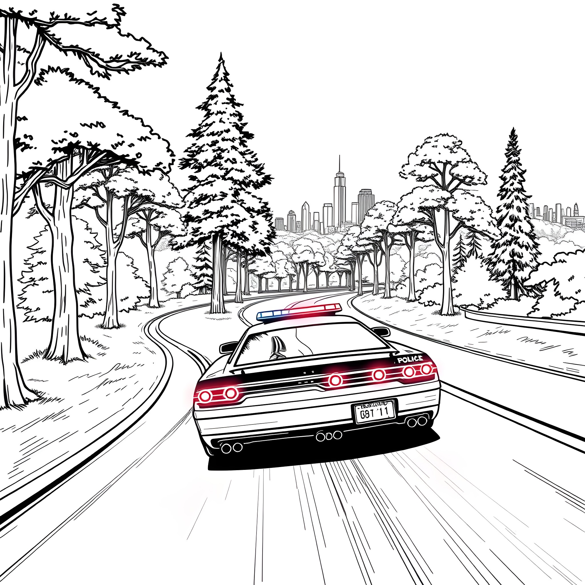 Police Car Speeding Through Snowy Forest Landscape Coloring Page (free black-and-white line drawing printable PDF for all, from beginners to advanced learners, including children, teens, adults, and seniors)