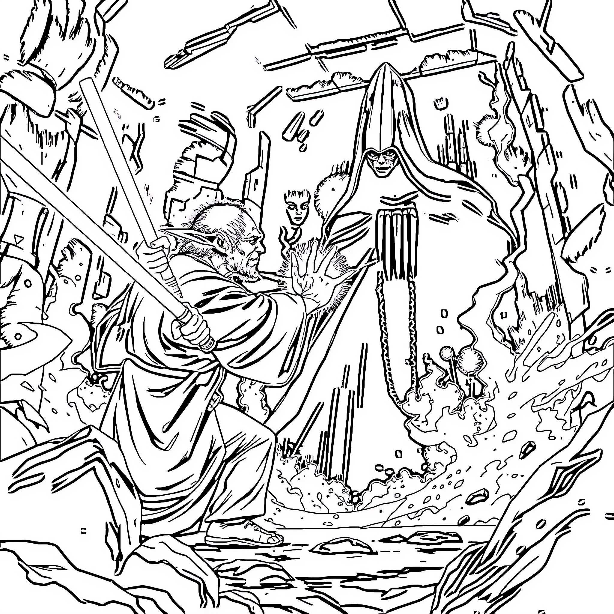 Yoda wielding lightsaber in epic battle Coloring Page (free black-and-white line drawing printable PDF for all, from beginners to advanced learners, including children, teens, adults, and seniors)