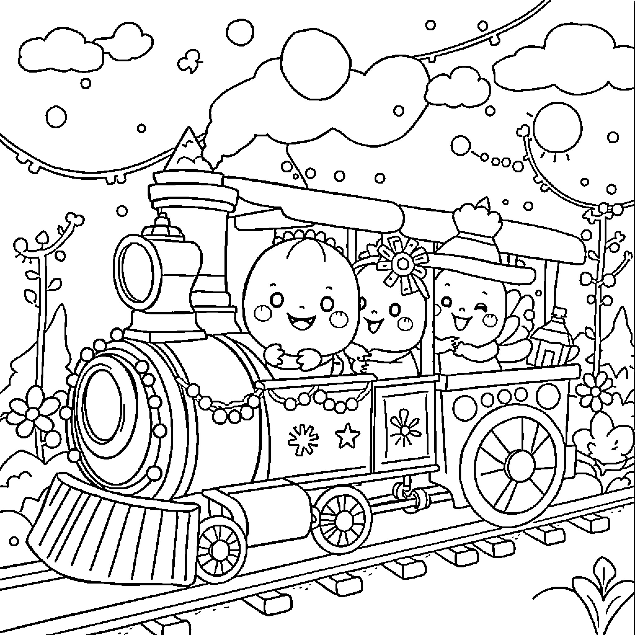 Cocomelon characters riding a colorful train Coloring Page (free black-and-white line drawing printable PDF for all, from beginners to advanced learners, including children, teens, adults, and seniors)