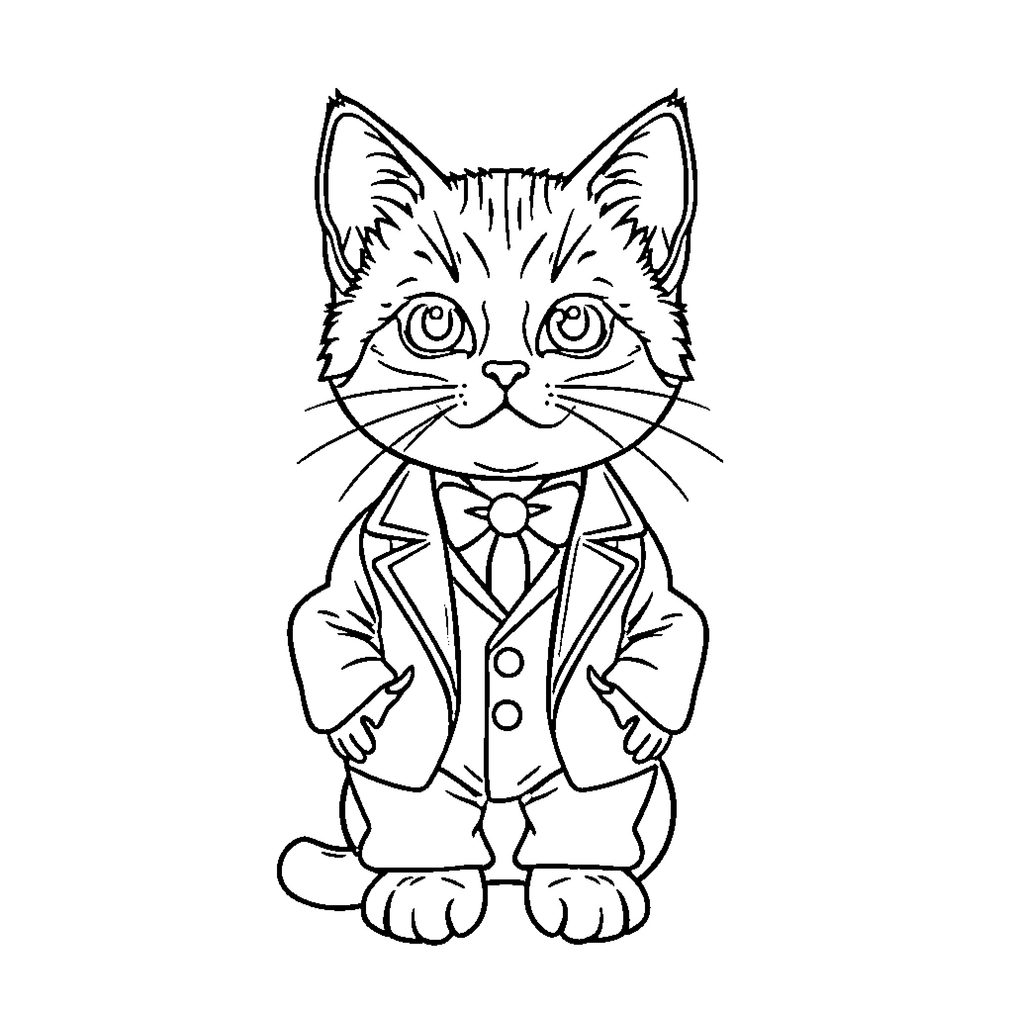 Kitty dressed in a suit and tie Coloring Page (free black-and-white line drawing printable PDF for all, from beginners to advanced learners, including children, teens, adults, and seniors)