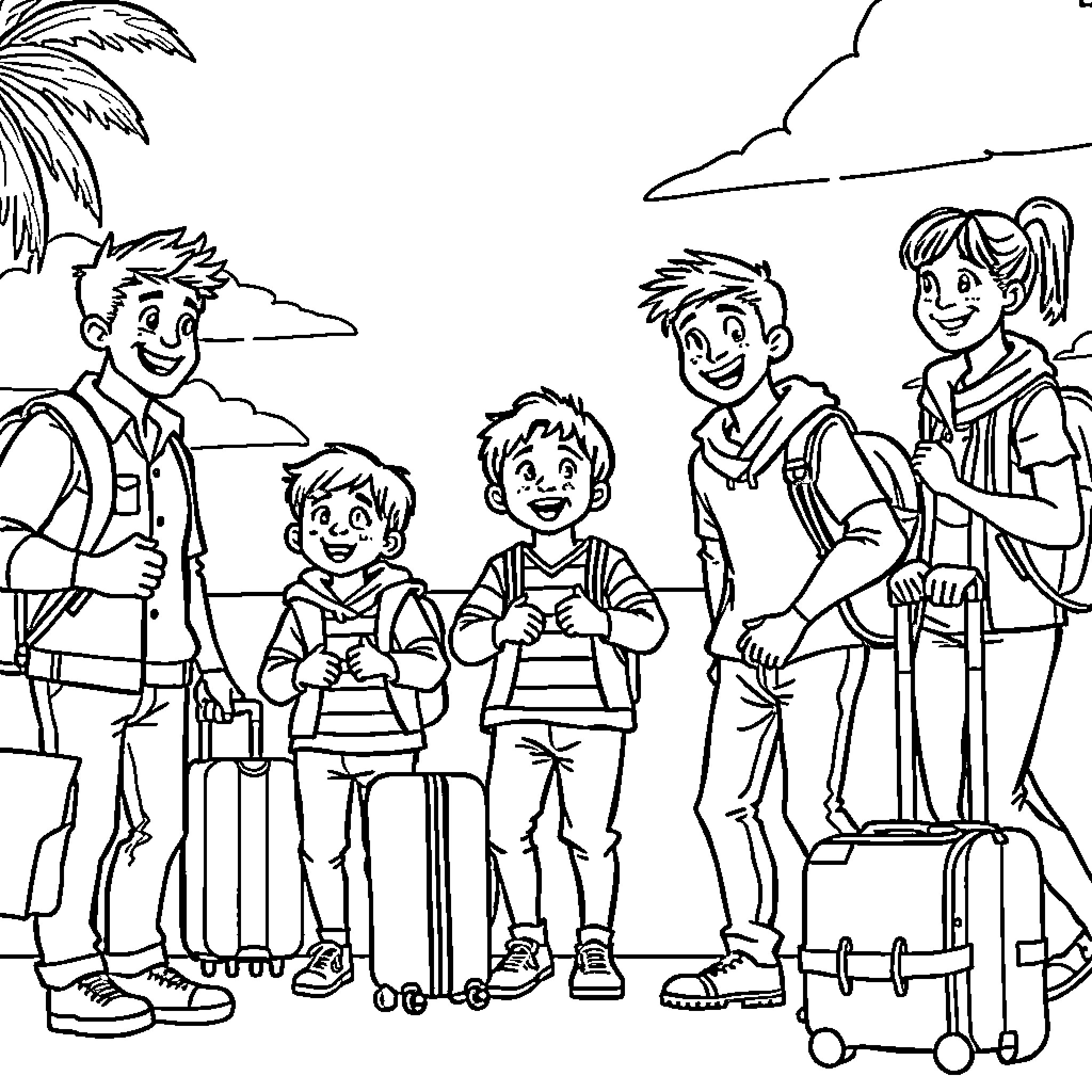 Family Vacation Moment at the Beach Coloring Page (free black-and-white line drawing printable PDF for all, from beginners to advanced learners, including children, teens, adults, and seniors)