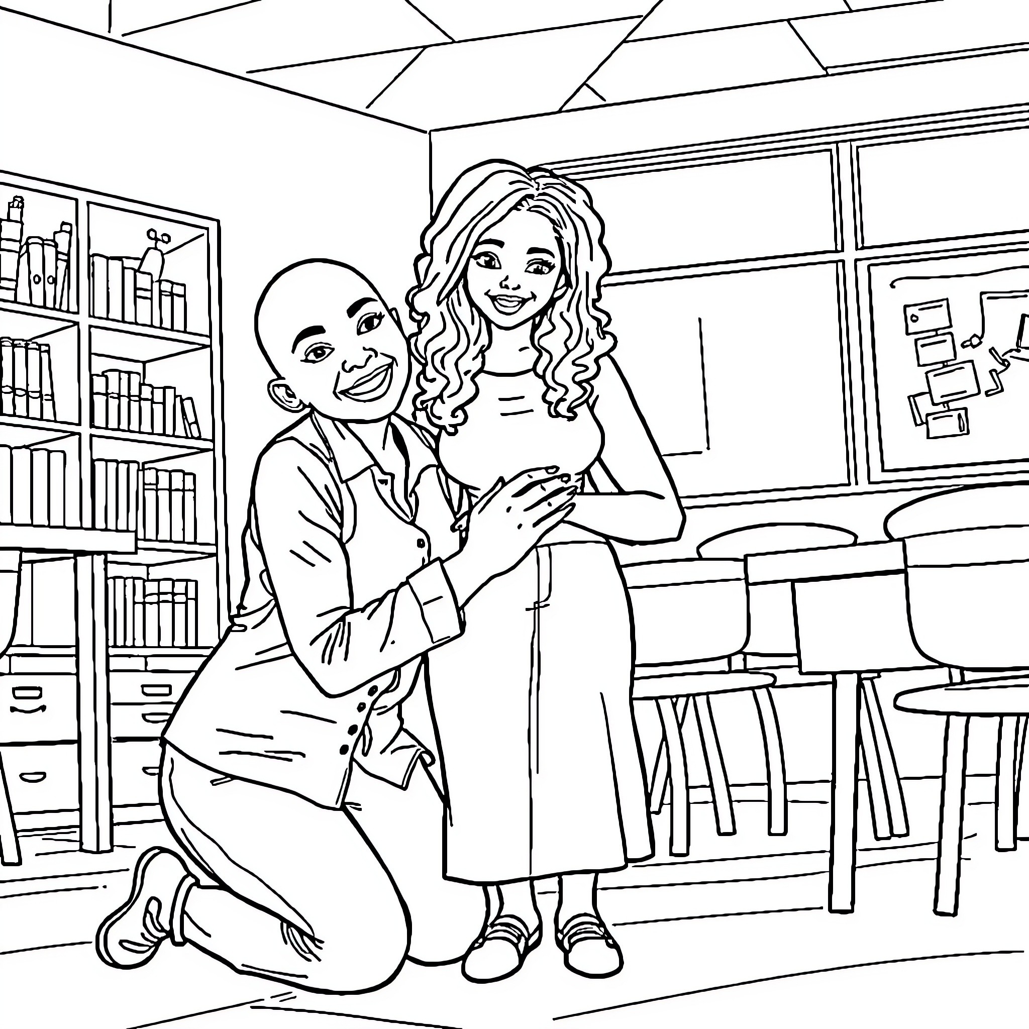 Teacher embracing smiling student in classroom Coloring Page (free black-and-white line drawing printable PDF for all, from beginners to advanced learners, including children, teens, adults, and seniors)