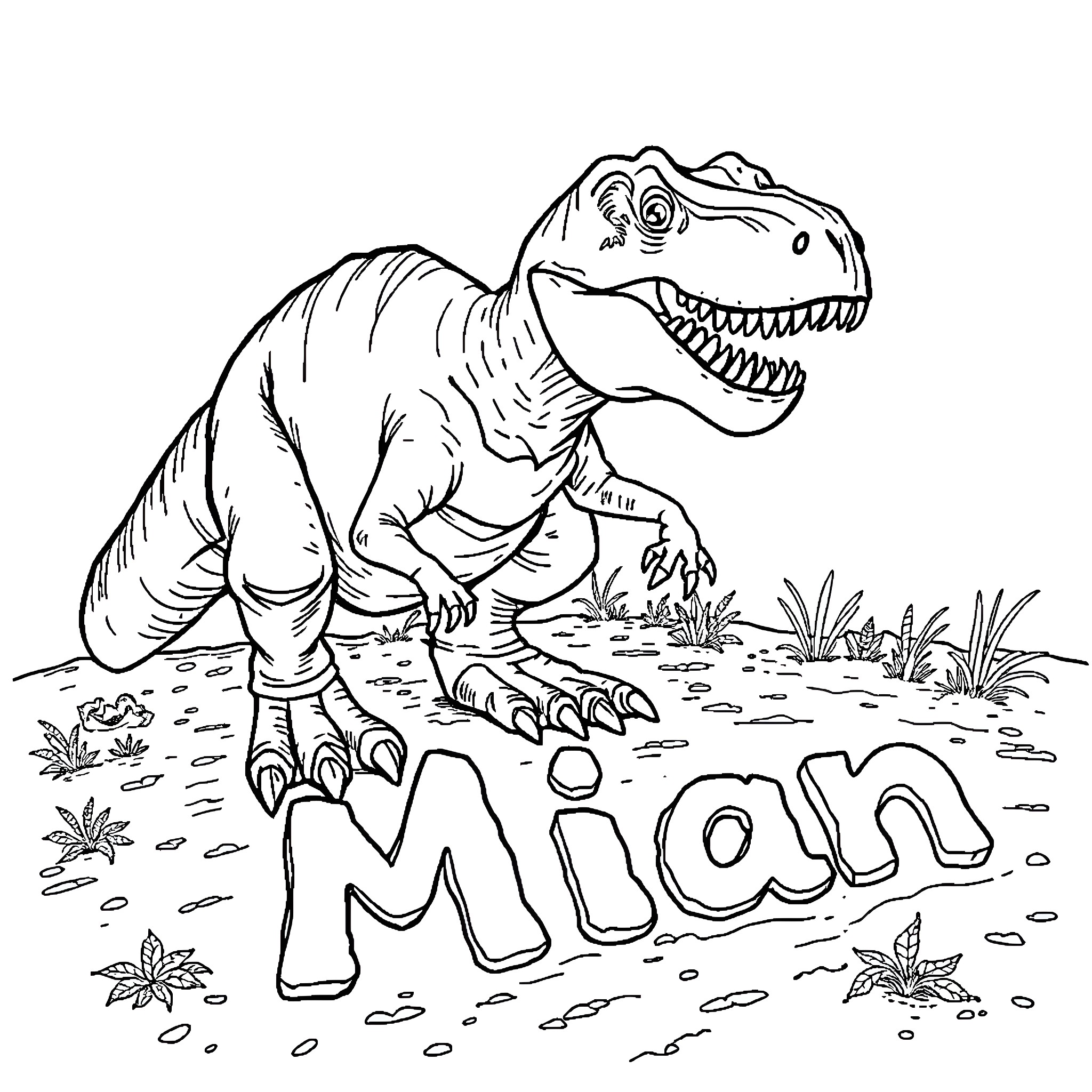 T-Rex stomping through the wilderness Coloring Page (free black-and-white line drawing printable PDF for all, from beginners to advanced learners, including children, teens, adults, and seniors)