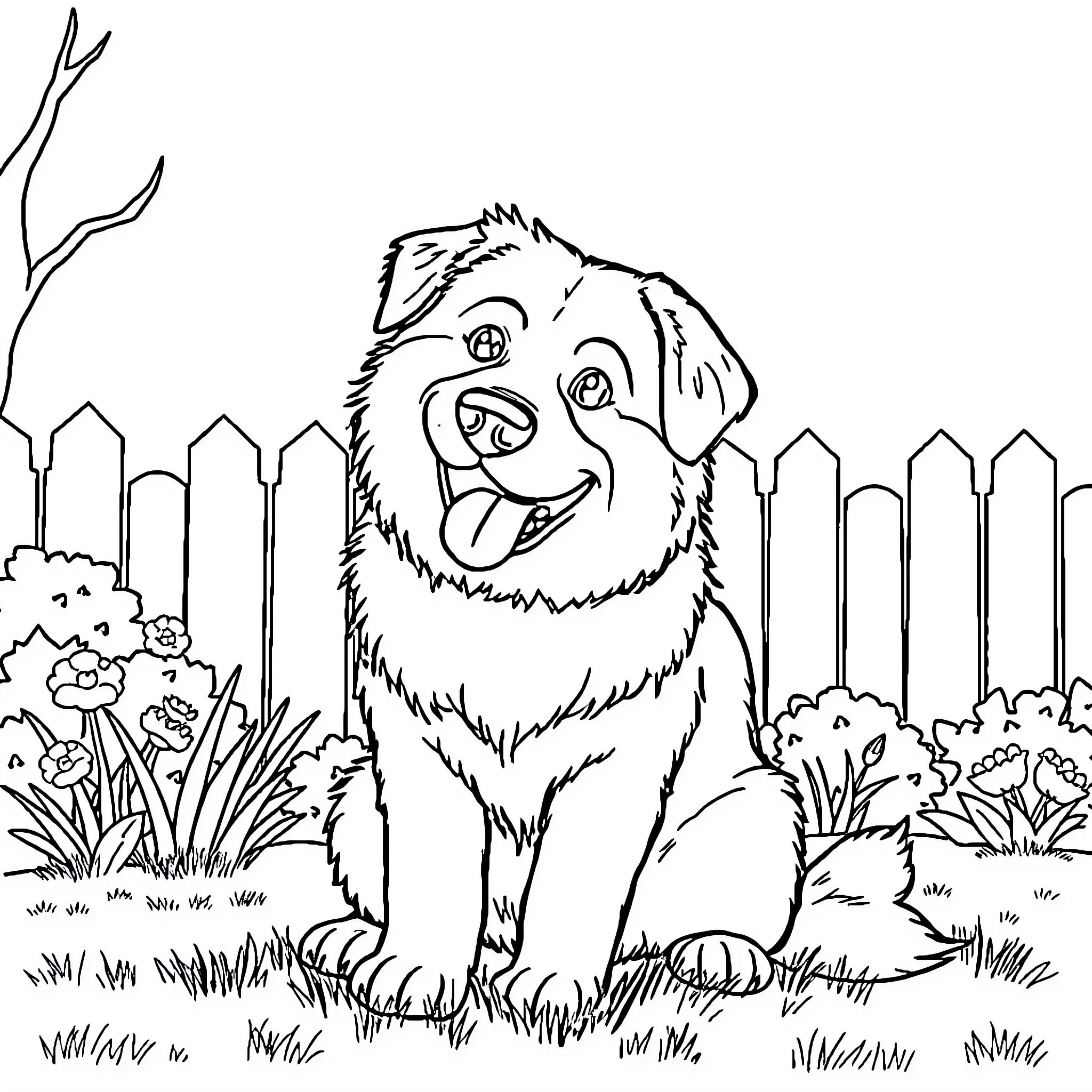 Dog enjoying nature in backyard Coloring Page (free black-and-white line drawing printable PDF for all, from beginners to advanced learners, including children, teens, adults, and seniors)