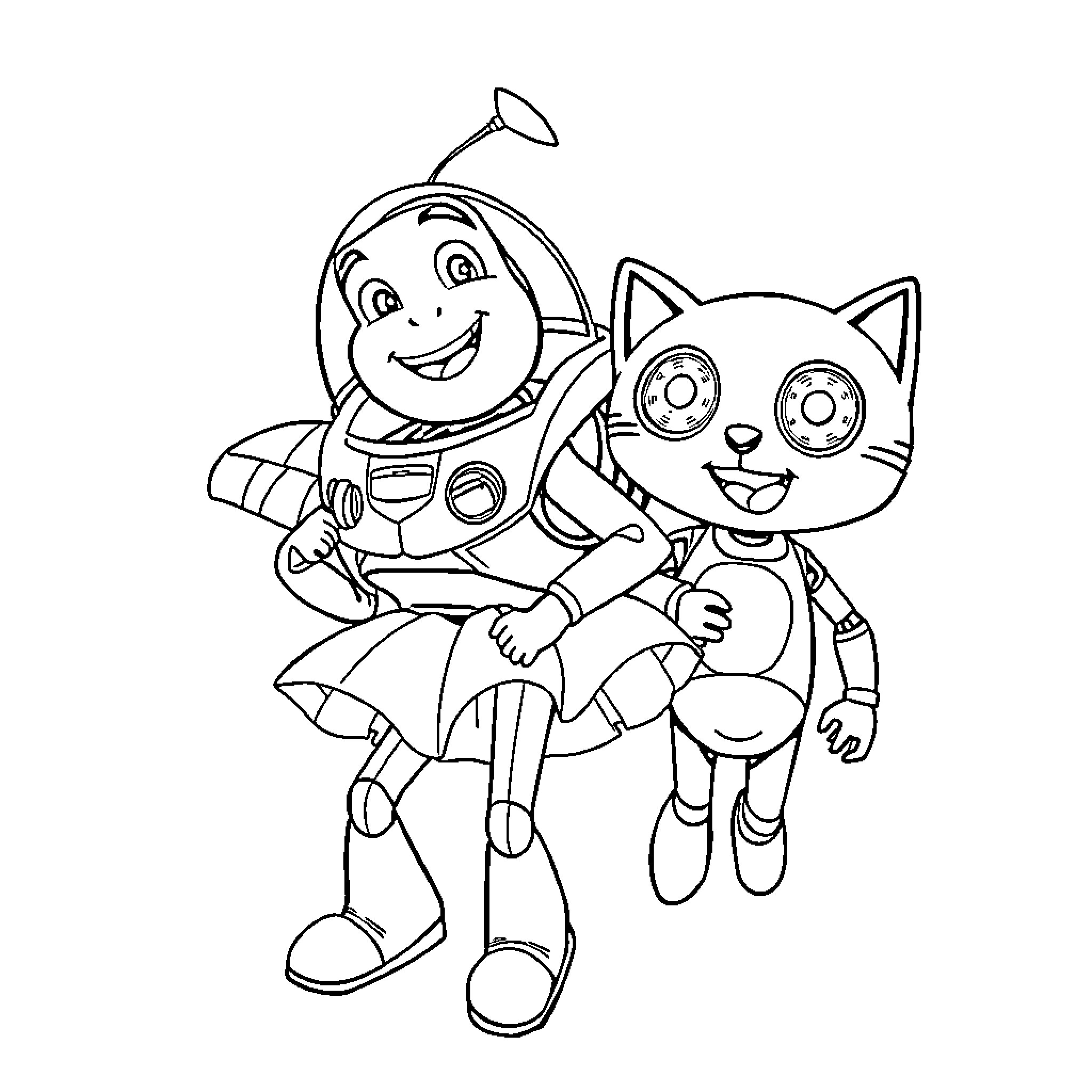 Buzz Lightyear and Cute Cat Sidekick Posing Together Coloring Page (free black-and-white line drawing printable PDF for all, from beginners to advanced learners, including children, teens, adults, and seniors)