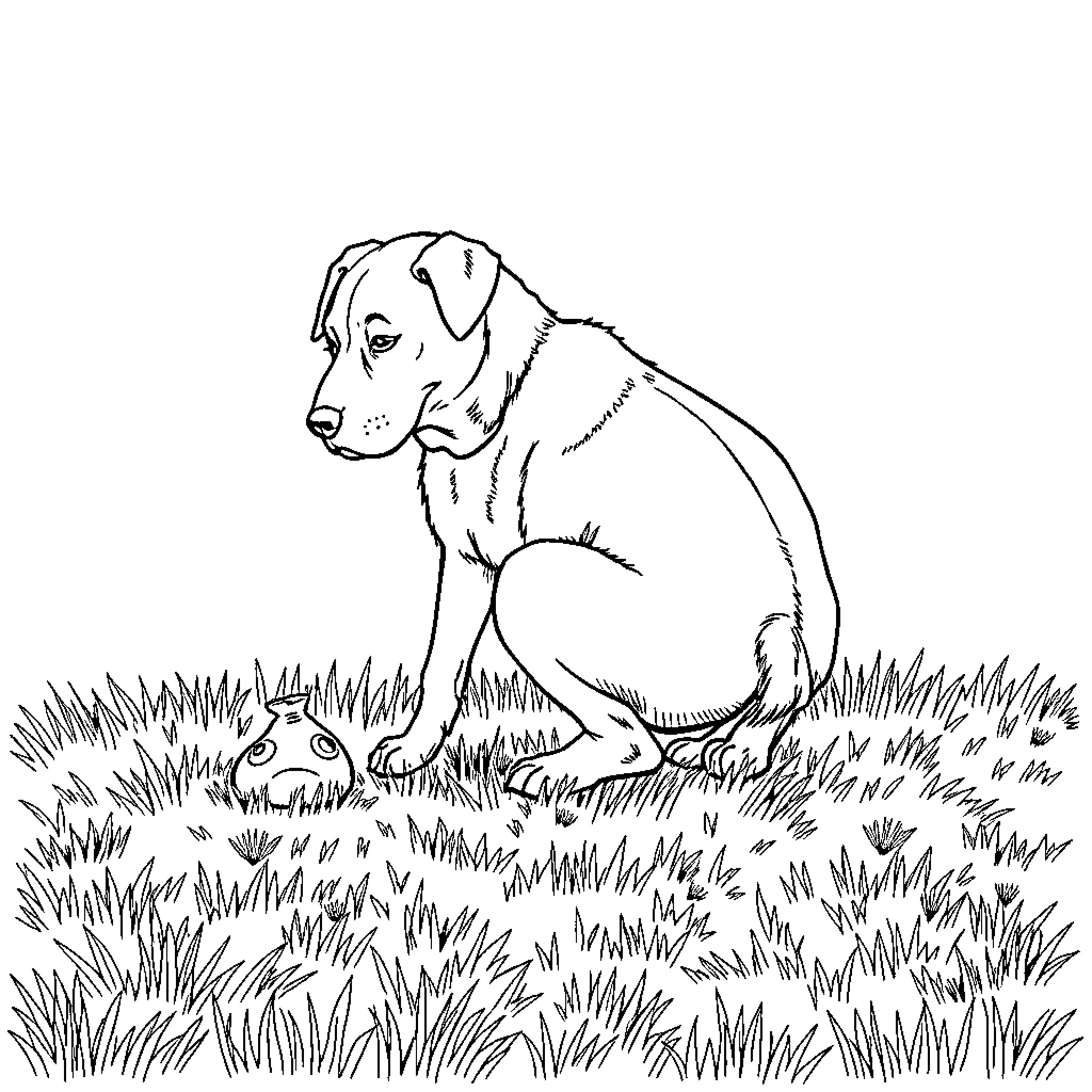 Dog exploring the grassy outdoors Coloring Page (free black-and-white line drawing printable PDF for all, from beginners to advanced learners, including children, teens, adults, and seniors)