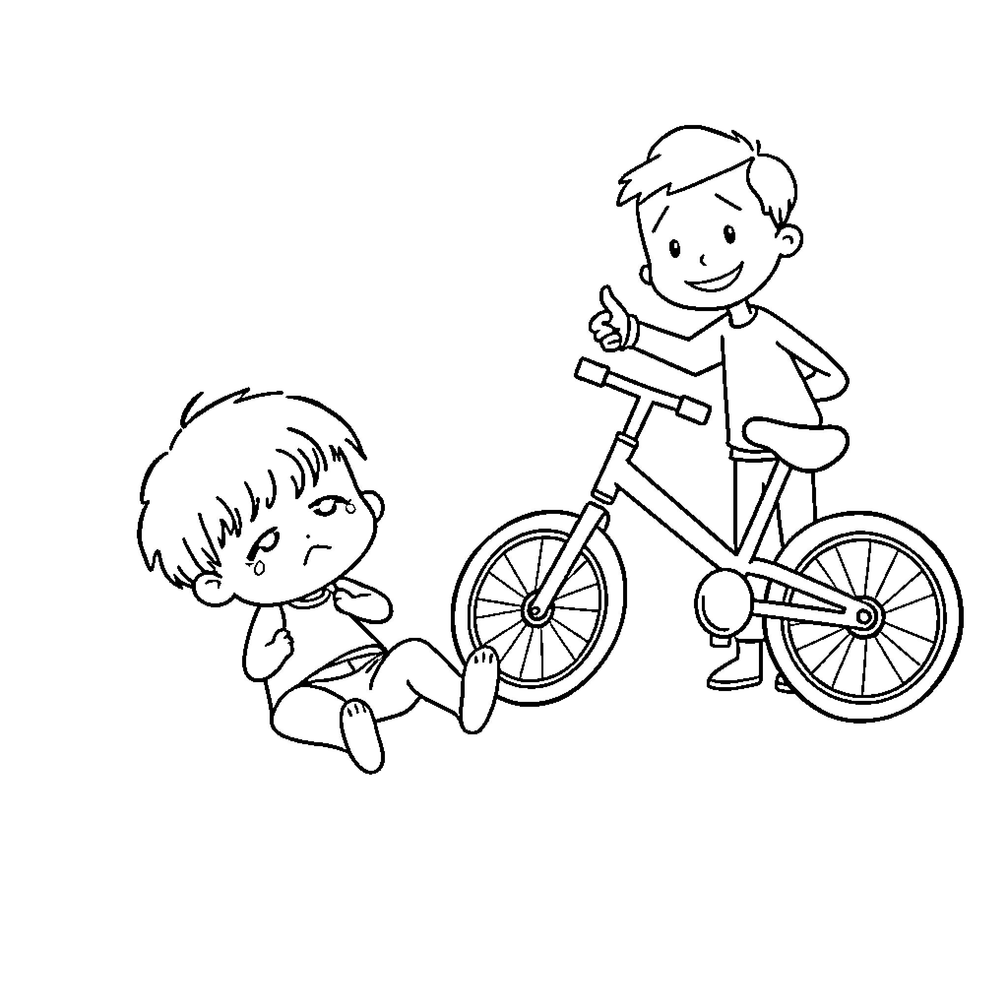 Child riding bicycle with another child on the ground Coloring Page (free black-and-white line drawing printable PDF for all, from beginners to advanced learners, including children, teens, adults, and seniors)