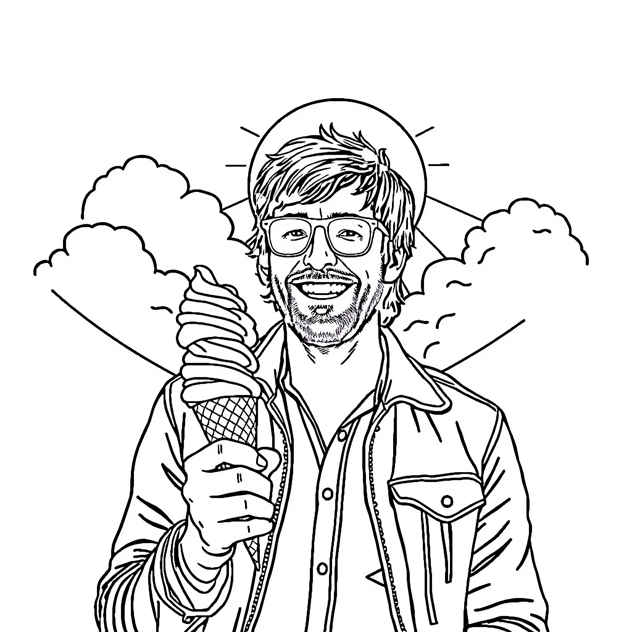 Liam Gallagher enjoying an ice cream on a sunny day Coloring Page (free black-and-white line drawing printable PDF for all, from beginners to advanced learners, including children, teens, adults, and seniors)