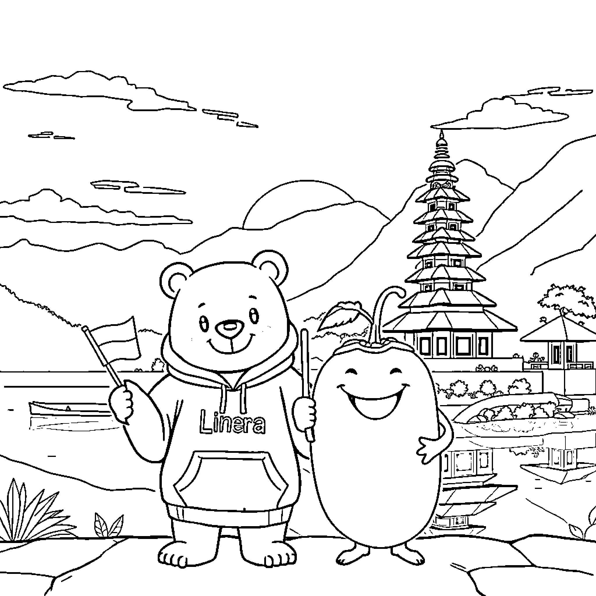 Bear exploring vibrant landscape with temple Coloring Page (free black-and-white line drawing printable PDF for all, from beginners to advanced learners, including children, teens, adults, and seniors)