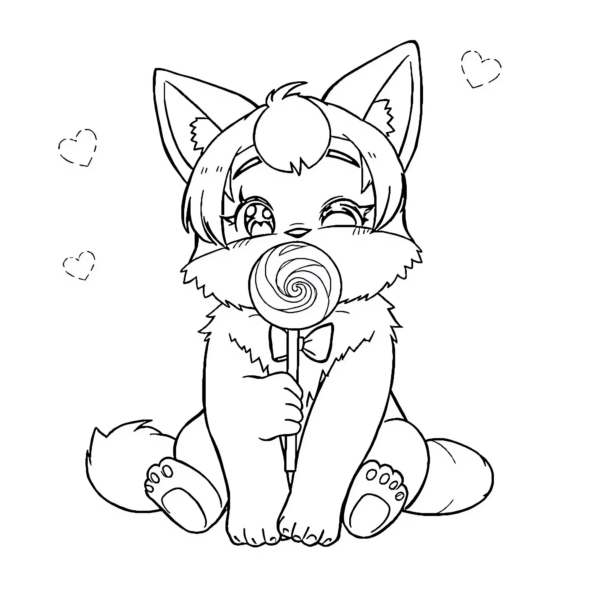 Kuromi enjoying a sweet lollipop Coloring Page (free black-and-white line drawing printable PDF for all, from beginners to advanced learners, including children, teens, adults, and seniors)