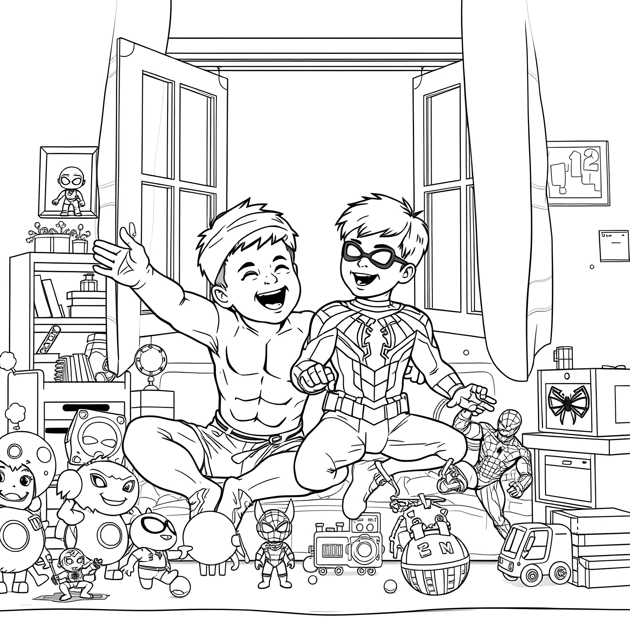 Noah and Liam play superheroes in their playroom Coloring Page (free black-and-white line drawing printable PDF for all, from beginners to advanced learners, including children, teens, adults, and seniors)