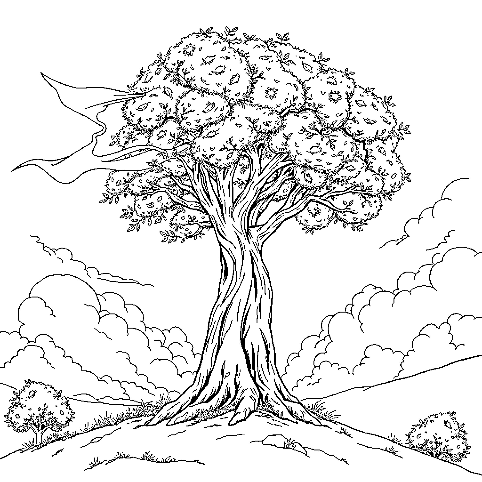 Tree with Blooming Flowers in the Landscape Coloring Page (free black-and-white line drawing printable PDF for all, from beginners to advanced learners, including children, teens, adults, and seniors)