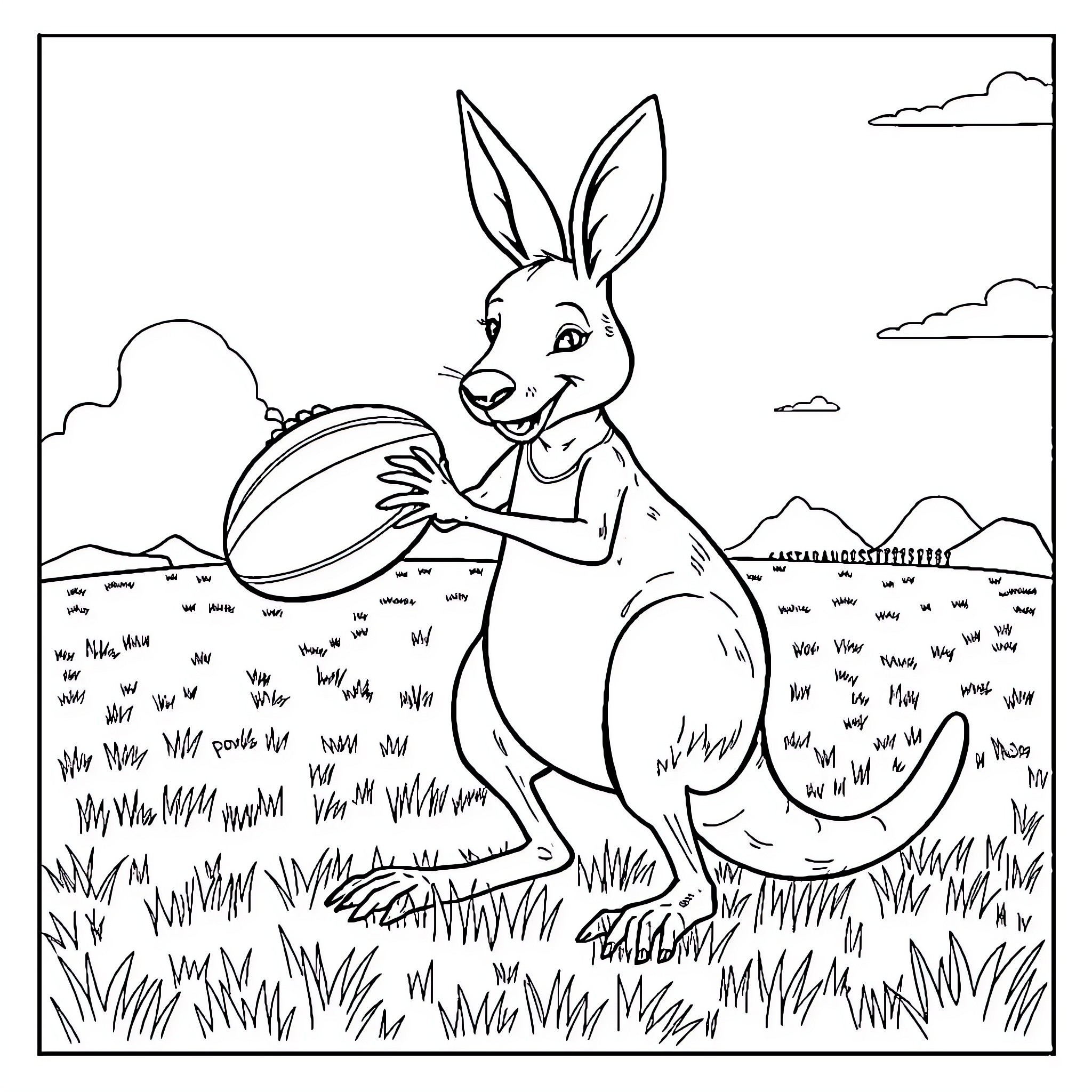 Kangaroo playing with a beach ball in the grasslands Coloring Page (free black-and-white line drawing printable PDF for all, from beginners to advanced learners, including children, teens, adults, and seniors)