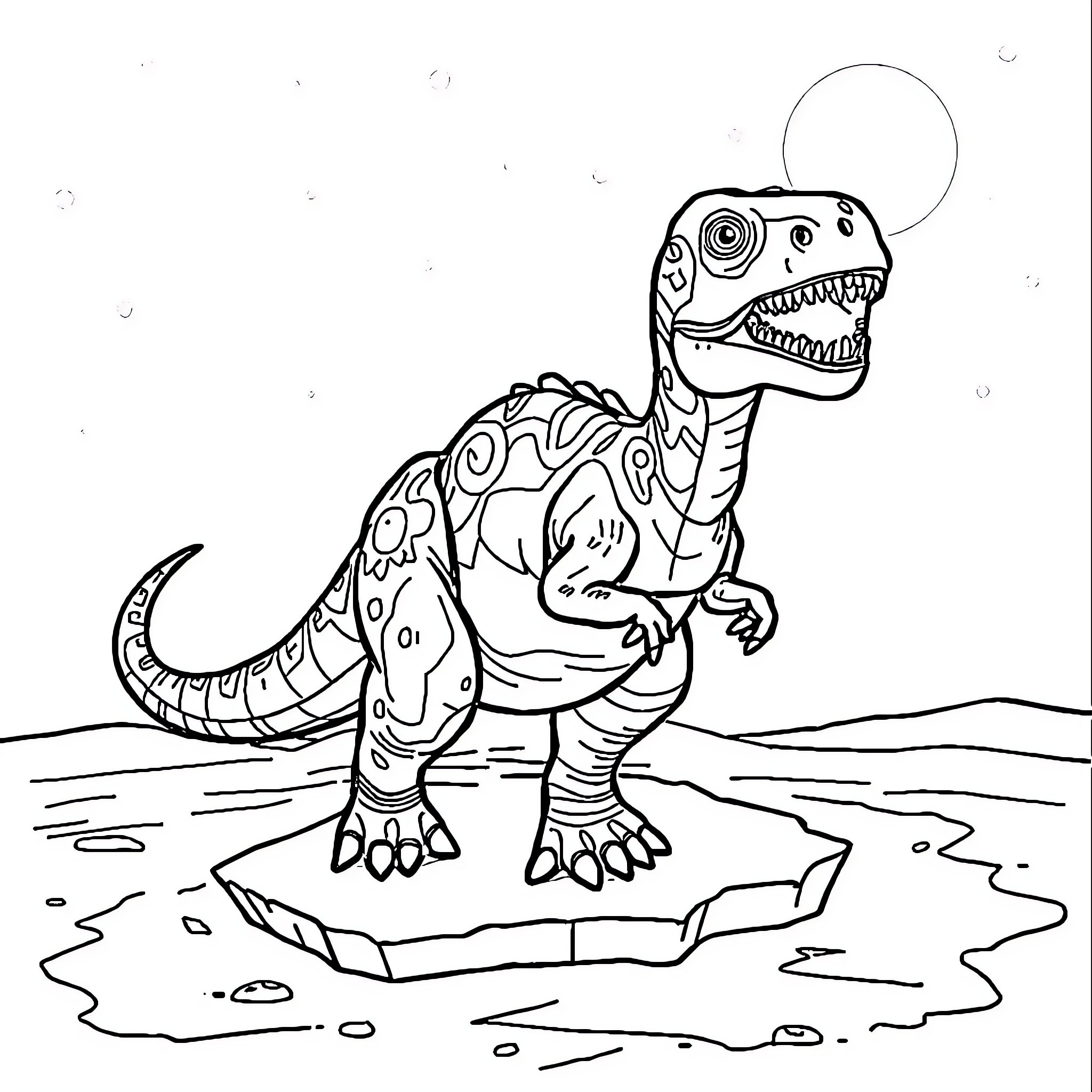 Dinosaur roaring fiercely on rocky terrain Coloring Page (free black-and-white line drawing printable PDF for all, from beginners to advanced learners, including children, teens, adults, and seniors)