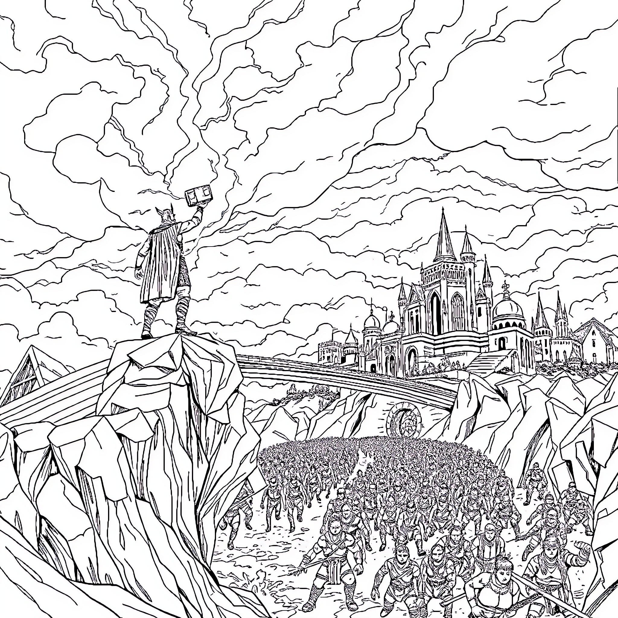 Thor's Triumphant Return to Asgard Coloring Page (free black-and-white line drawing printable PDF for all, from beginners to advanced learners, including children, teens, adults, and seniors)