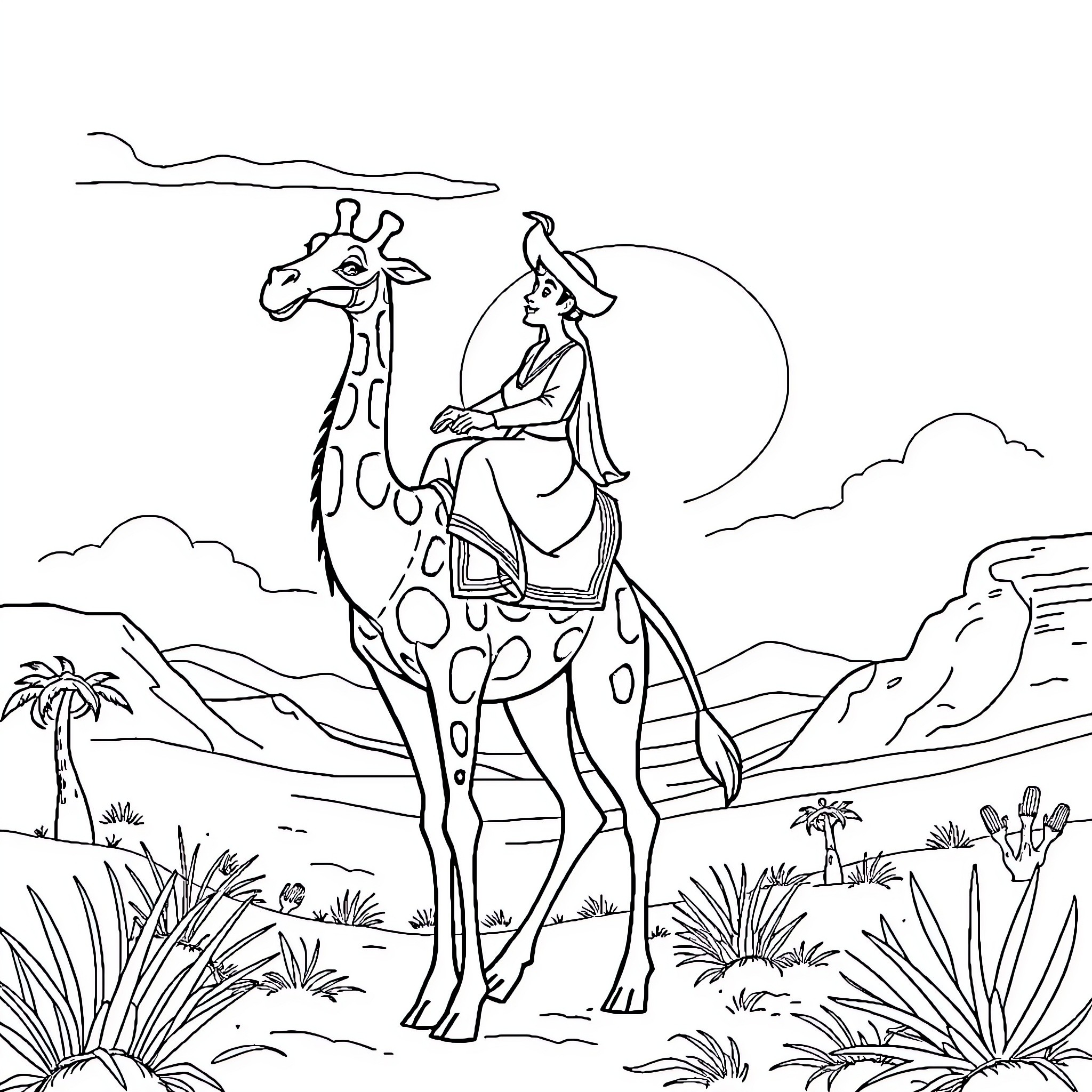 Aladdin riding a giraffe in a desert landscape Coloring Page (free black-and-white line drawing printable PDF for all, from beginners to advanced learners, including children, teens, adults, and seniors)