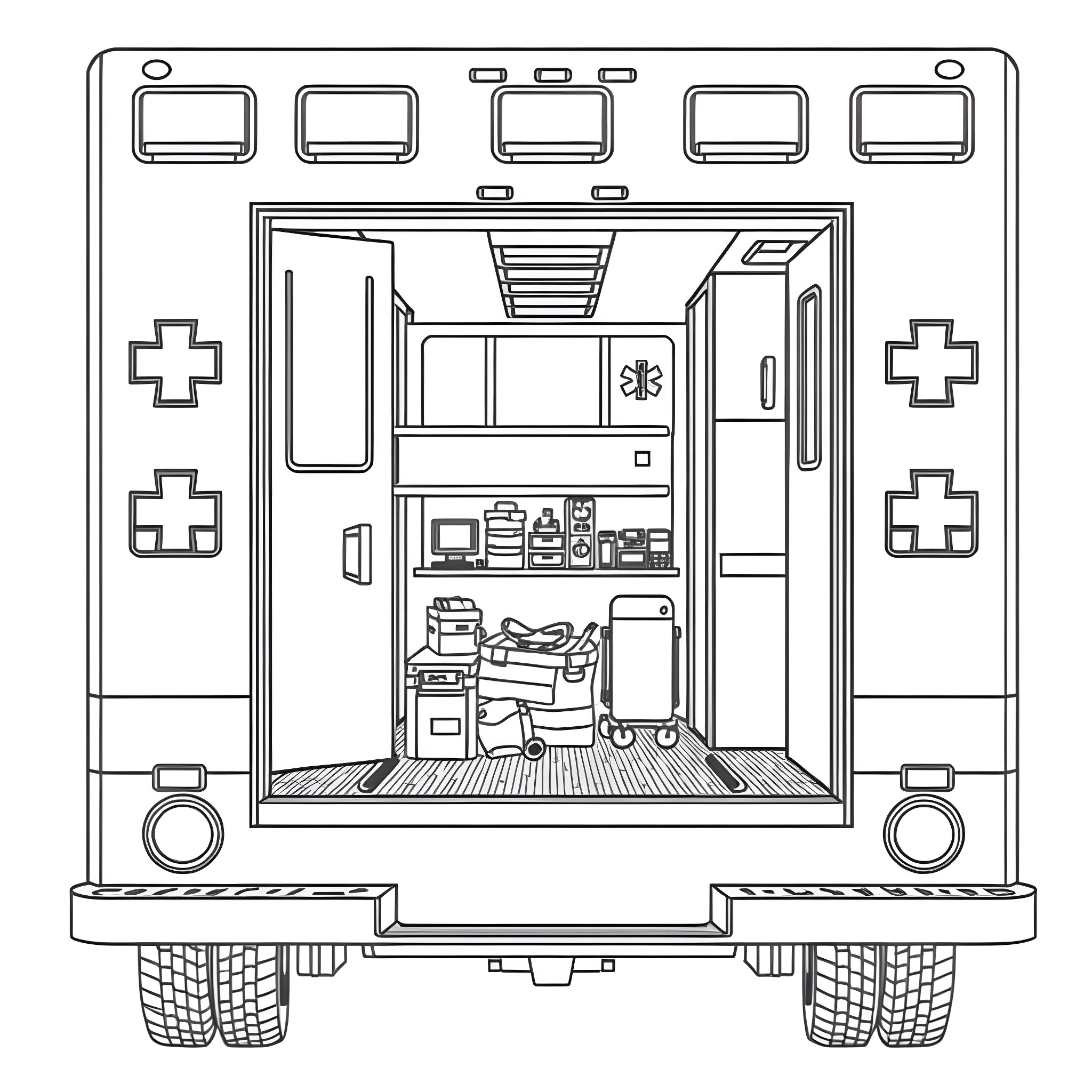 Ambulance interior with medical supplies and equipment Coloring Page (free black-and-white line drawing printable PDF for all, from beginners to advanced learners, including children, teens, adults, and seniors)