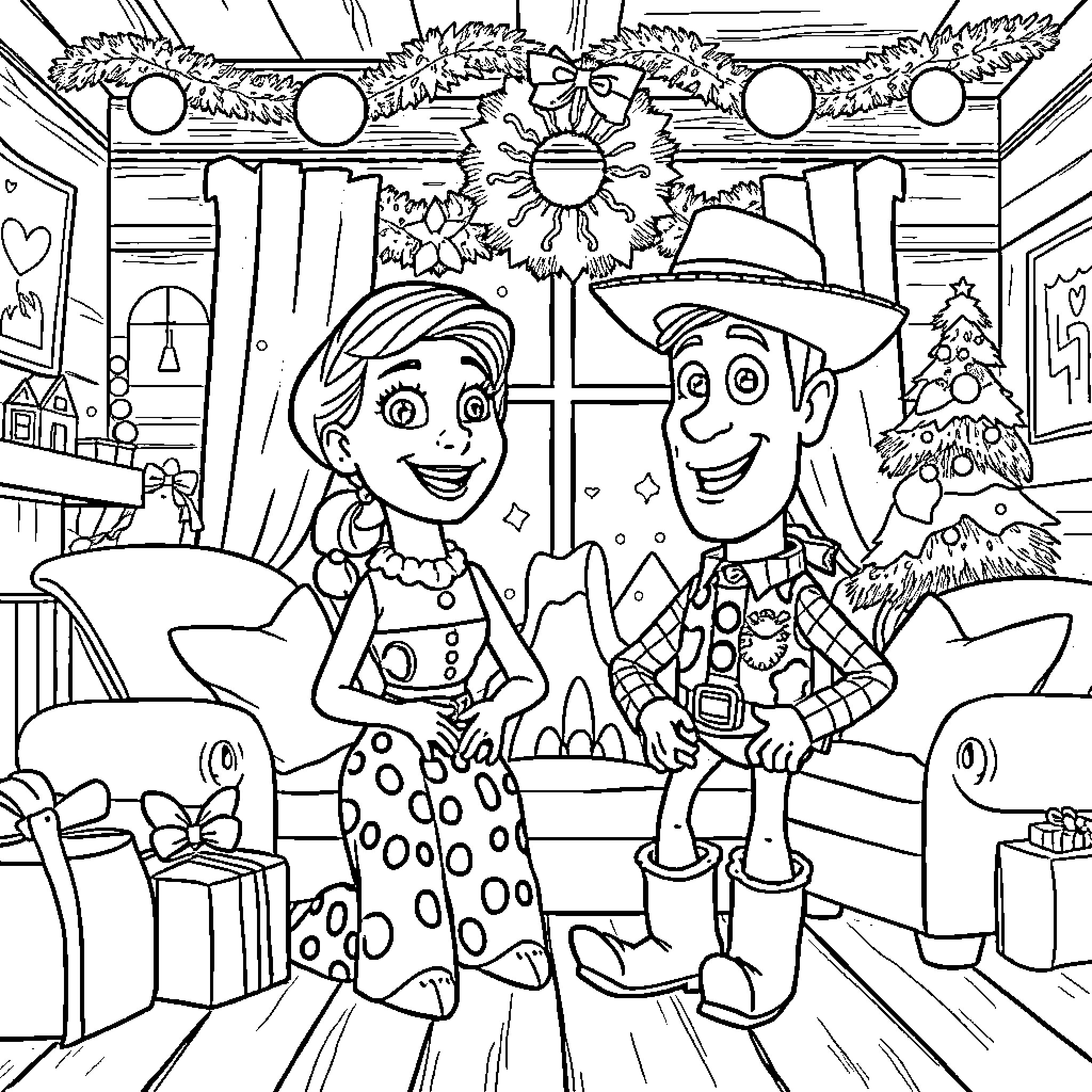 Jessie and Woody in a festive scene Coloring Page (free black-and-white line drawing printable PDF for all, from beginners to advanced learners, including children, teens, adults, and seniors)