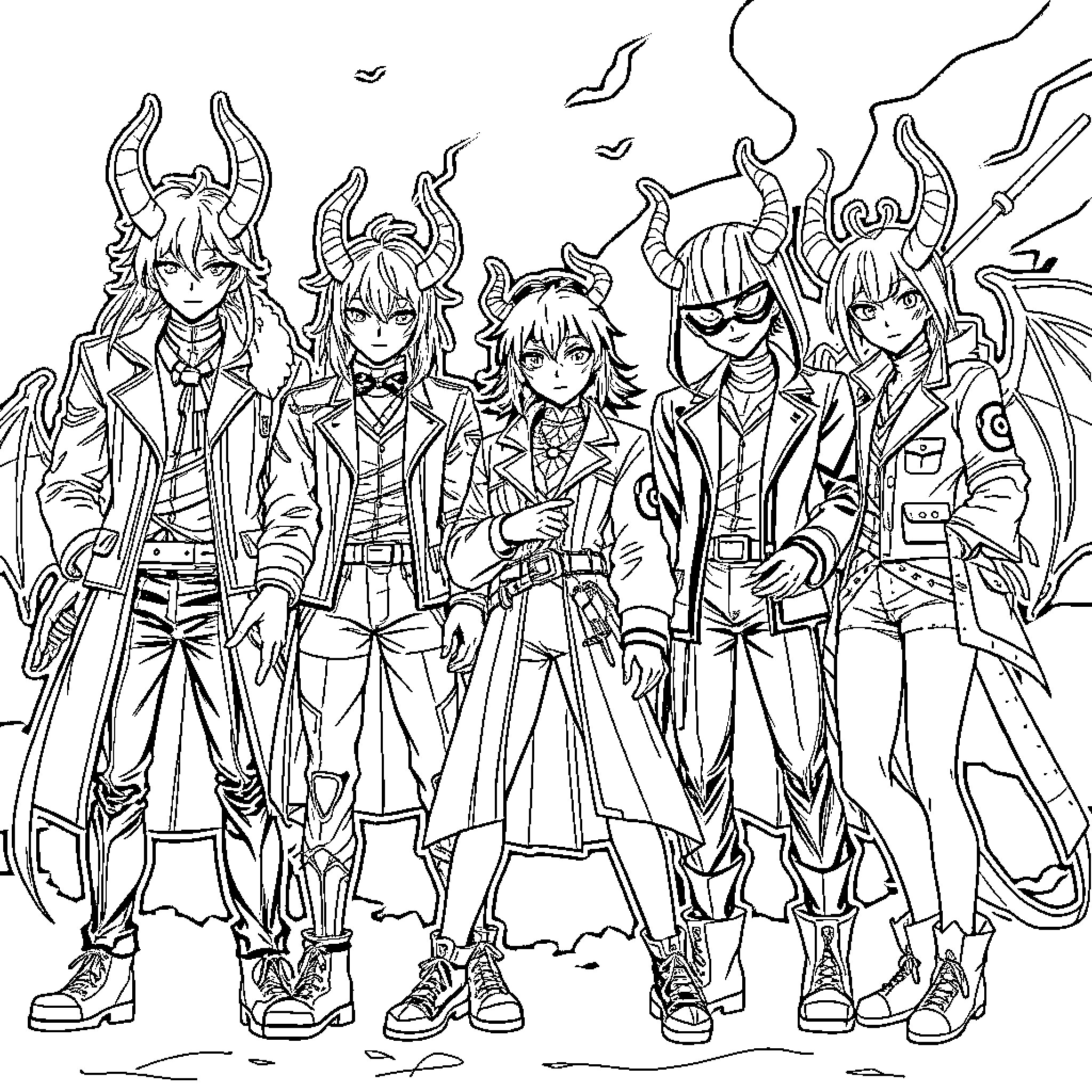 Demon Hunters in Fierce Attire Facing Supernatural Threats Coloring Page (free black-and-white line drawing printable PDF for all, from beginners to advanced learners, including children, teens, adults, and seniors)