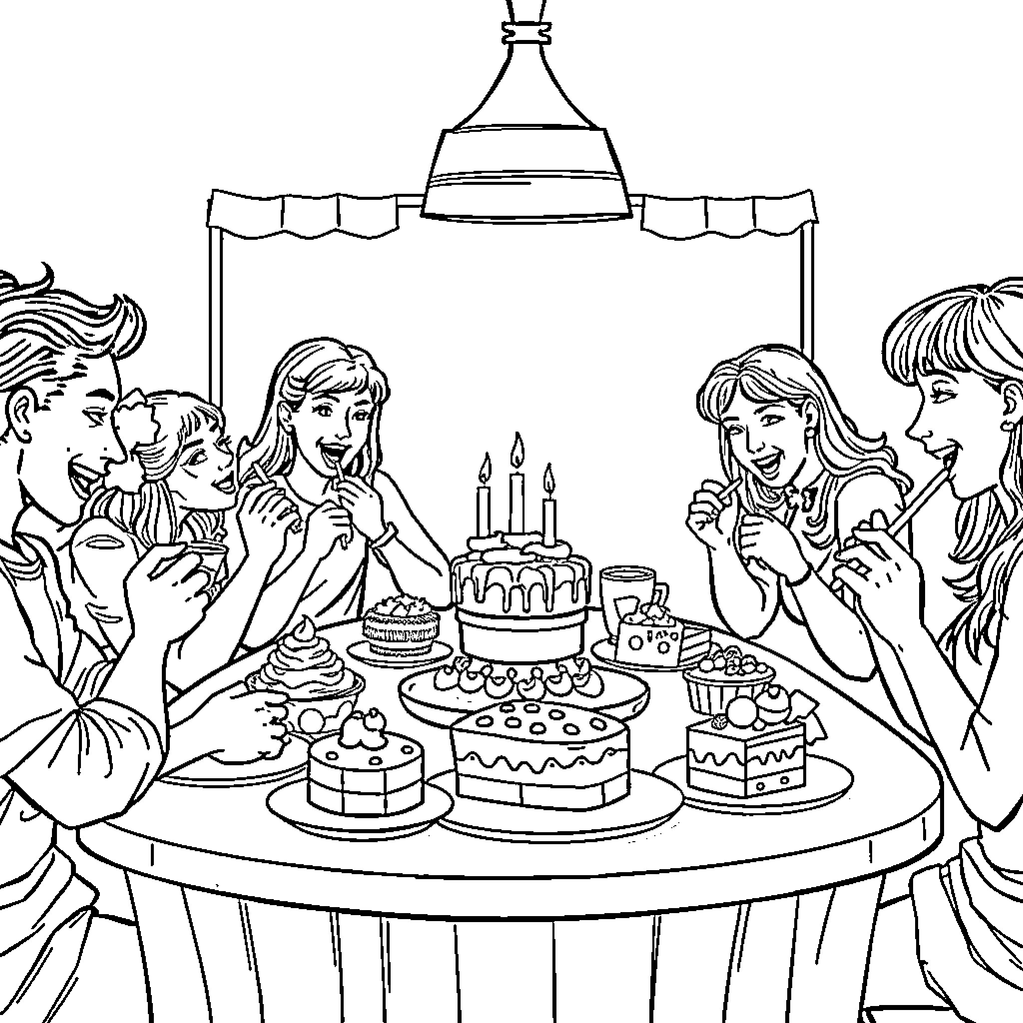 Dessert party with joyful friends and birthday cake Coloring Page (free black-and-white line drawing printable PDF for all, from beginners to advanced learners, including children, teens, adults, and seniors)