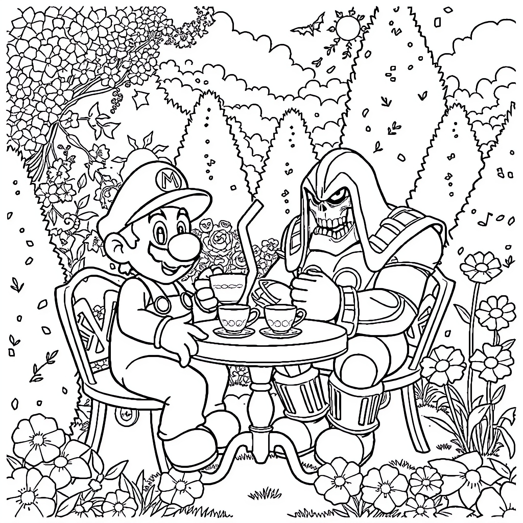 Mario's Magical Forest Tea Party Coloring Page (free black-and-white line drawing printable PDF for all, from beginners to advanced learners, including children, teens, adults, and seniors)