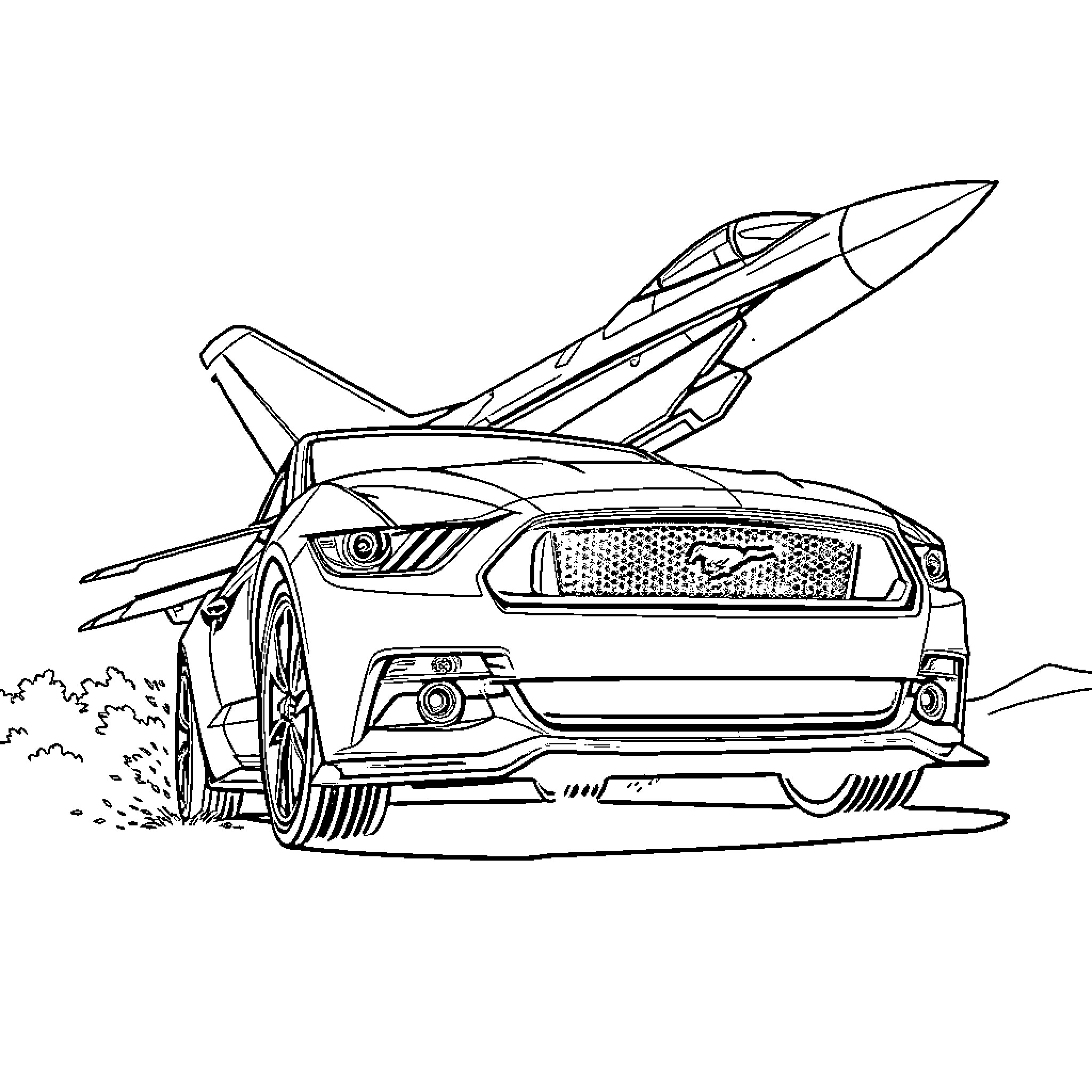 Mustang race car in high-speed action Coloring Page (free black-and-white line drawing printable PDF for all, from beginners to advanced learners, including children, teens, adults, and seniors)