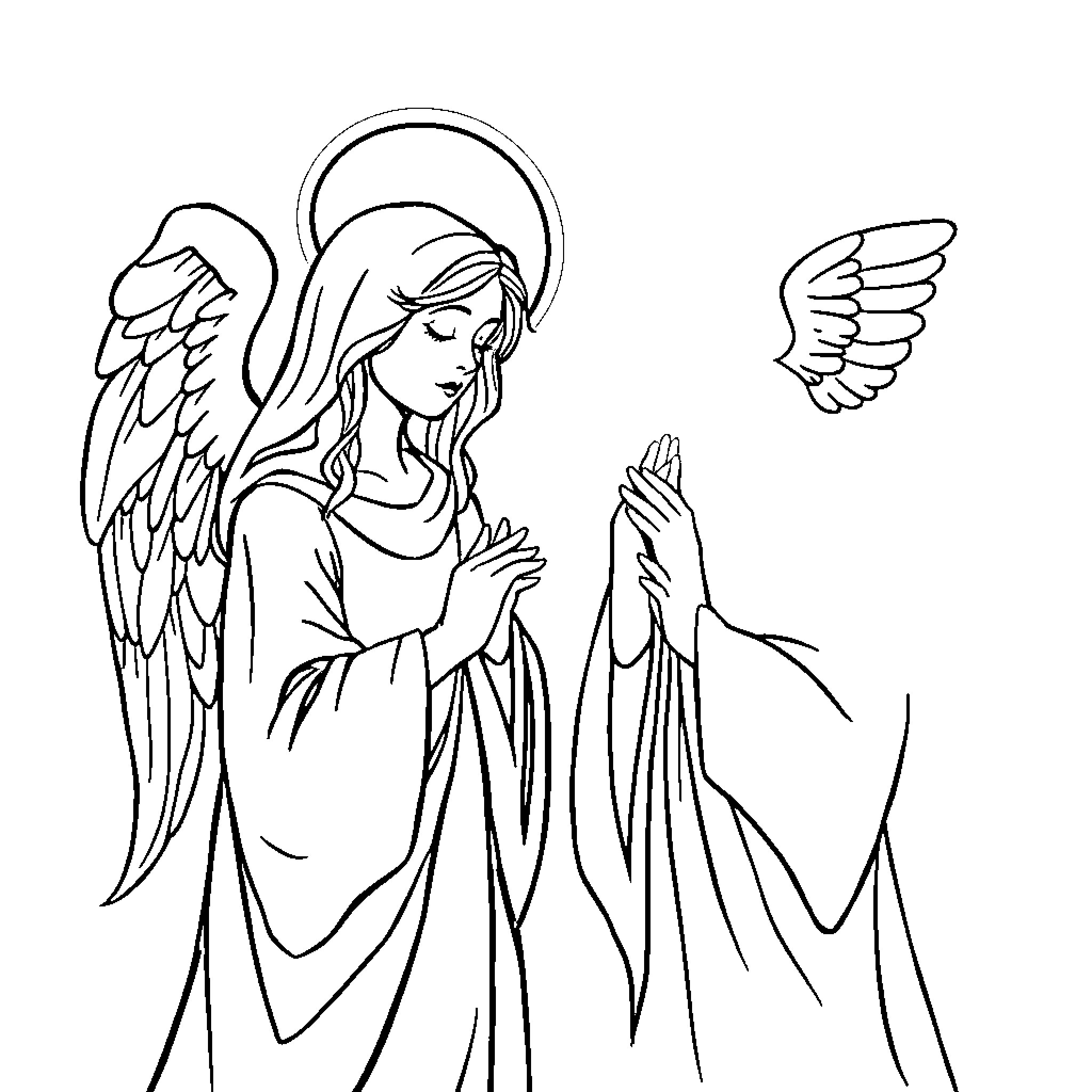 Angel in Contemplative Pose with Wings Coloring Page (free black-and-white line drawing printable PDF for all, from beginners to advanced learners, including children, teens, adults, and seniors)