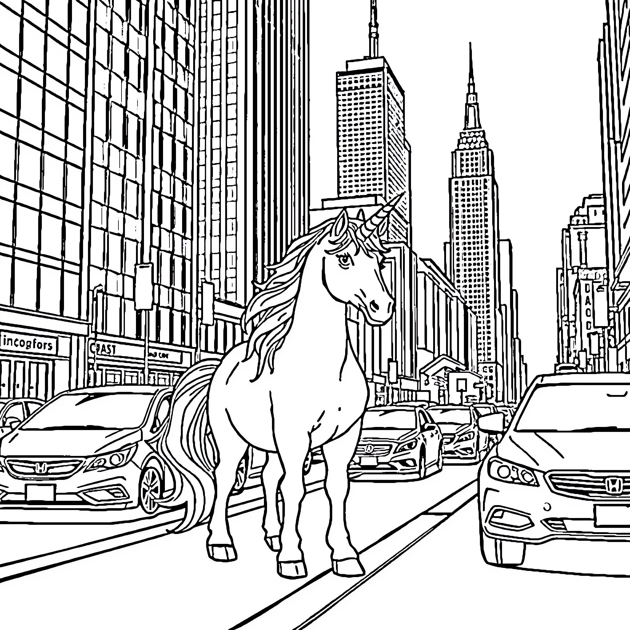 Unicorn Wandering Through Bustling City Streets Coloring Page (free black-and-white line drawing printable PDF for all, from beginners to advanced learners, including children, teens, adults, and seniors)