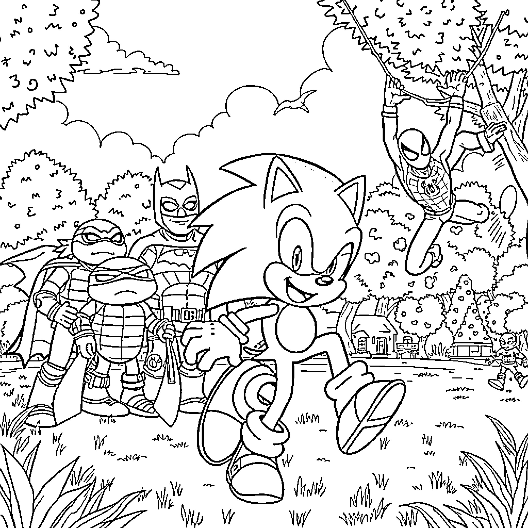 Superhero characters in an adventurous outdoor scene Coloring Page (free black-and-white line drawing printable PDF for all, from beginners to advanced learners, including children, teens, adults, and seniors)