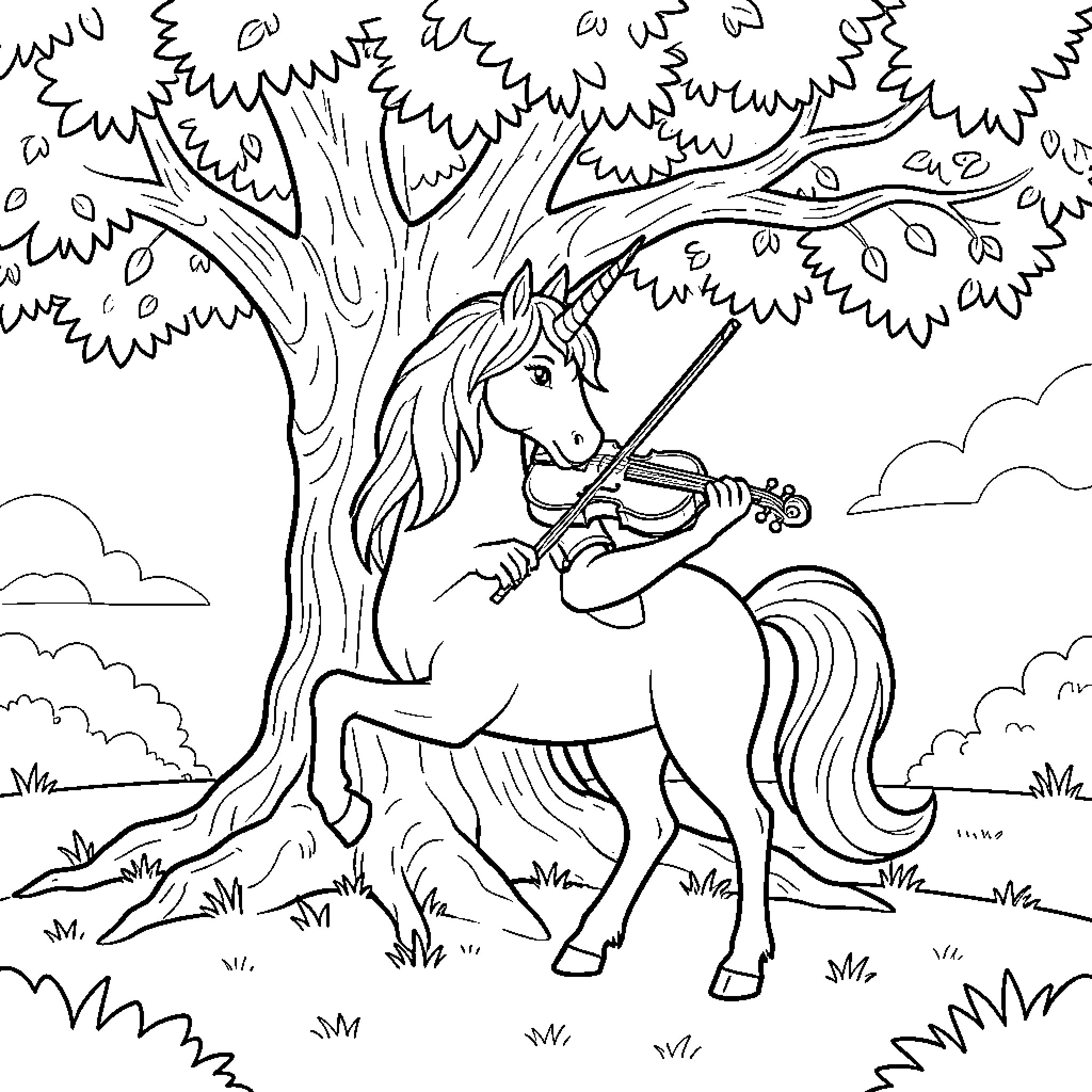 Unicorn playing a violin under a large tree Coloring Page (free black-and-white line drawing printable PDF for all, from beginners to advanced learners, including children, teens, adults, and seniors)