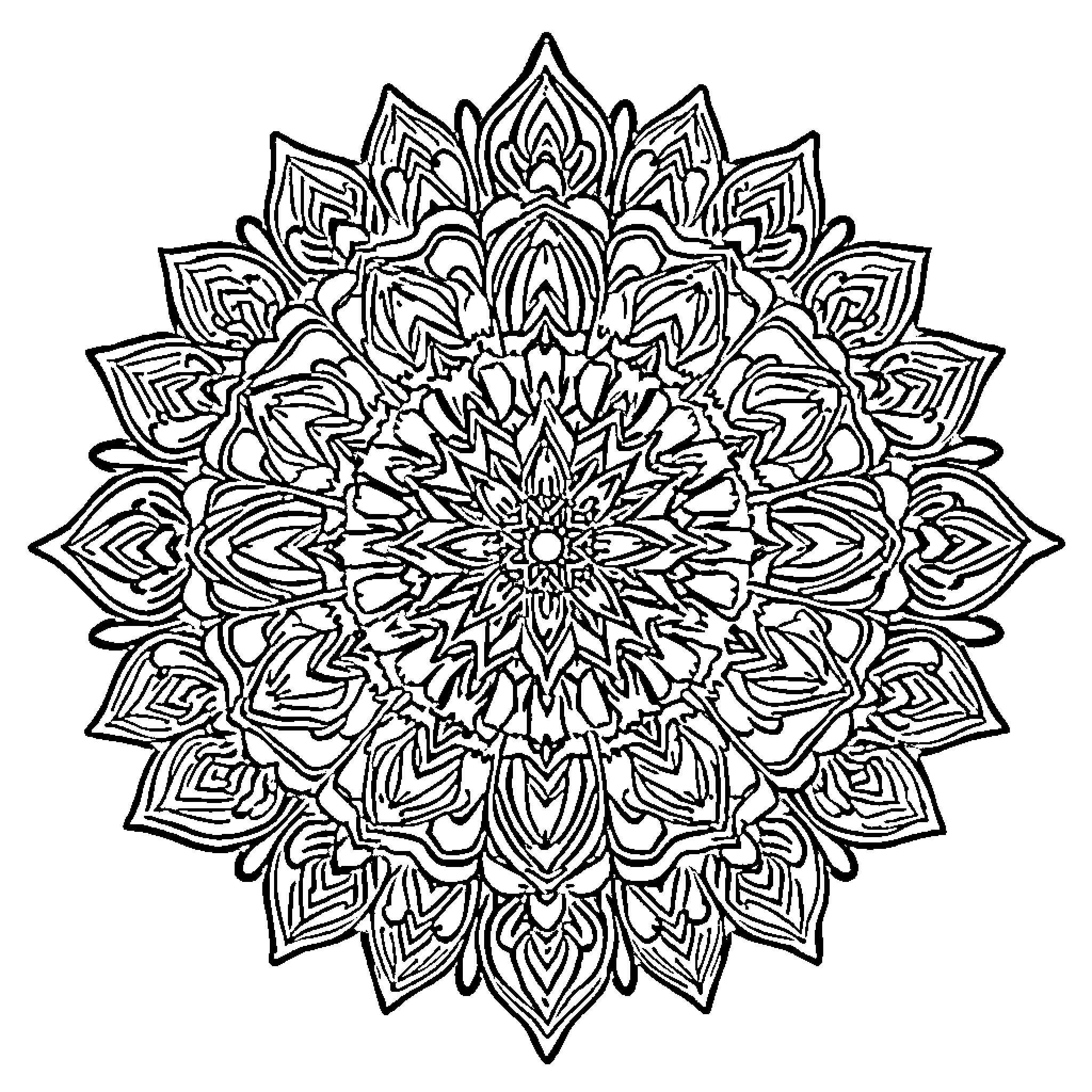 Mandala with intricate floral patterns Coloring Page (free black-and-white line drawing printable PDF for all, from beginners to advanced learners, including children, teens, adults, and seniors)
