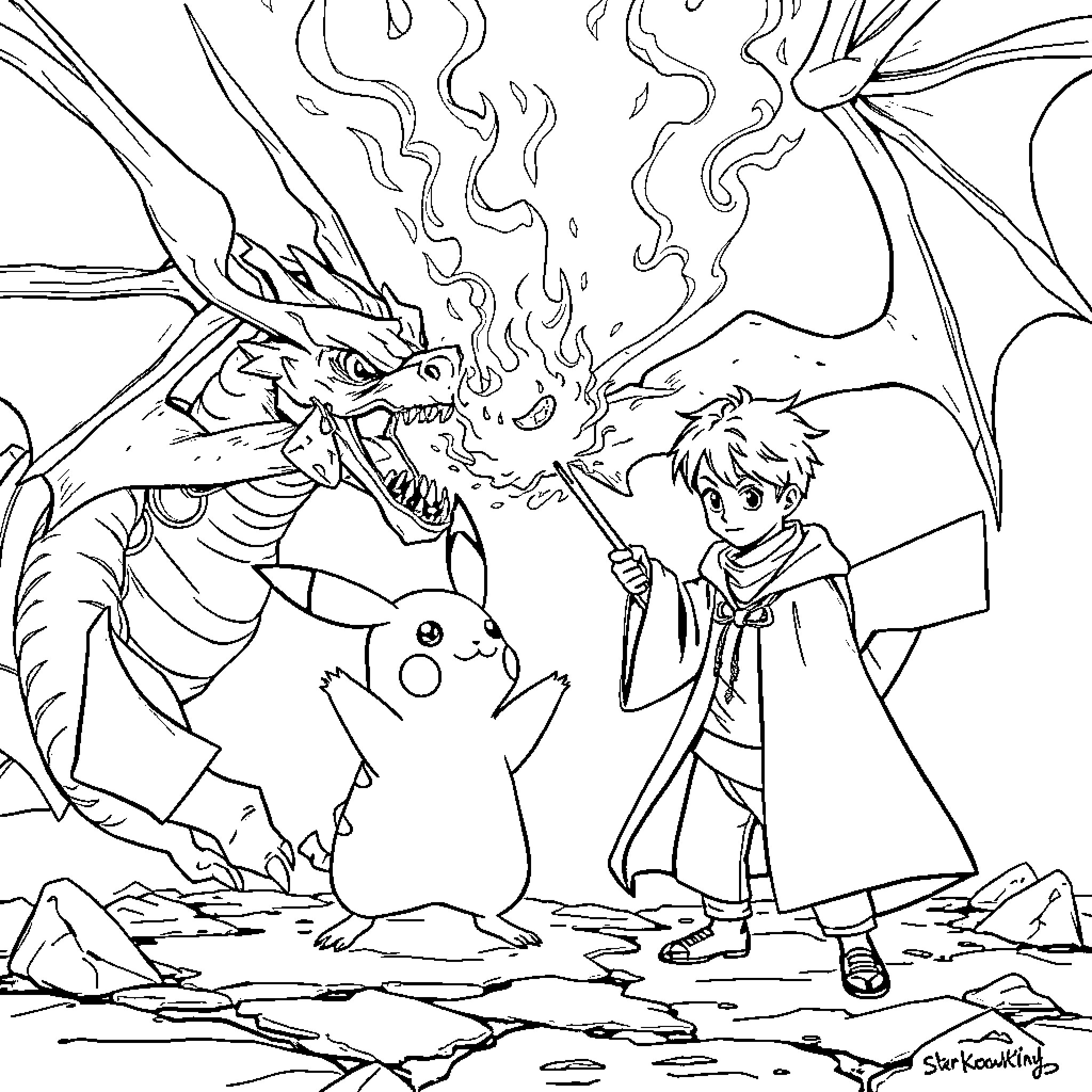 Pikachu facing off against a ferocious dragon Coloring Page (free black-and-white line drawing printable PDF for all, from beginners to advanced learners, including children, teens, adults, and seniors)