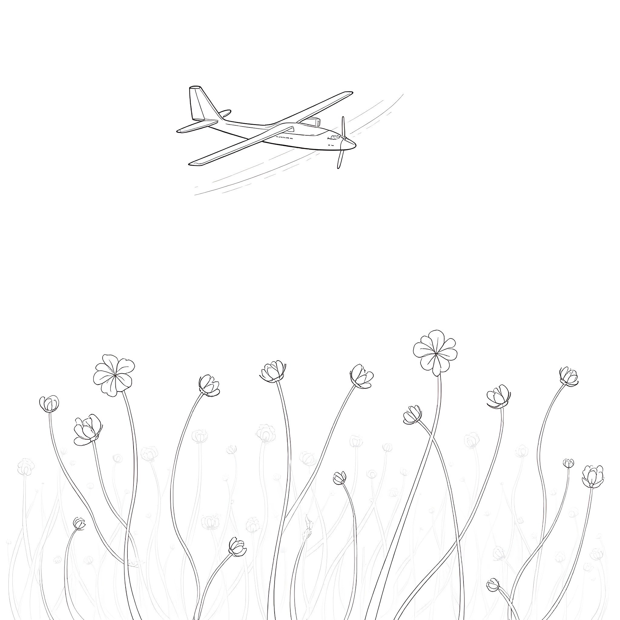 Sprayplane soaring over blooming flowers Coloring Page (free black-and-white line drawing printable PDF for all, from beginners to advanced learners, including children, teens, adults, and seniors)