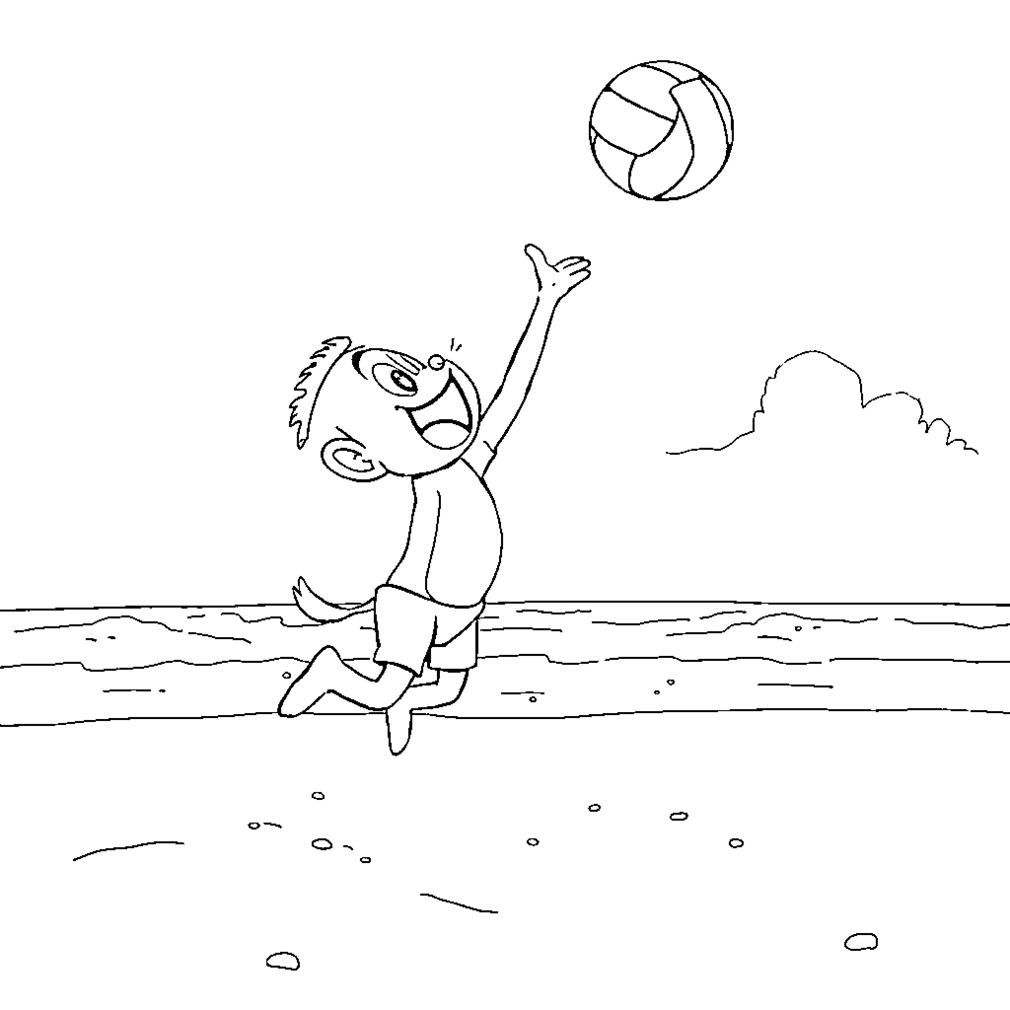 Labubu playing with volleyball on the beach Coloring Page (free black-and-white line drawing printable PDF for all, from beginners to advanced learners, including children, teens, adults, and seniors)